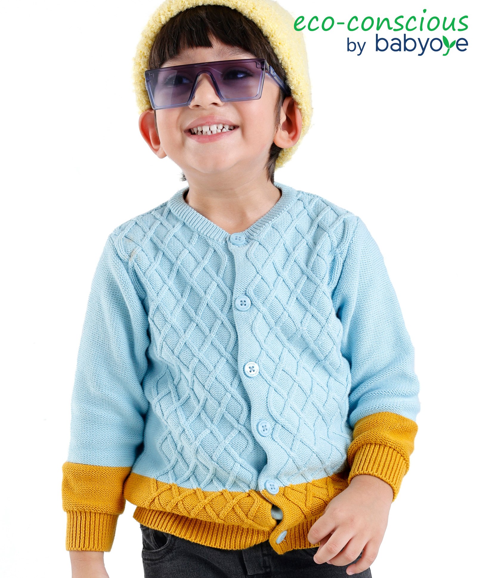 Babyoye 100% Cotton Textured Full Sleeves Front Open Sweater With Cable Knit Design - Blue & Brown-image-45