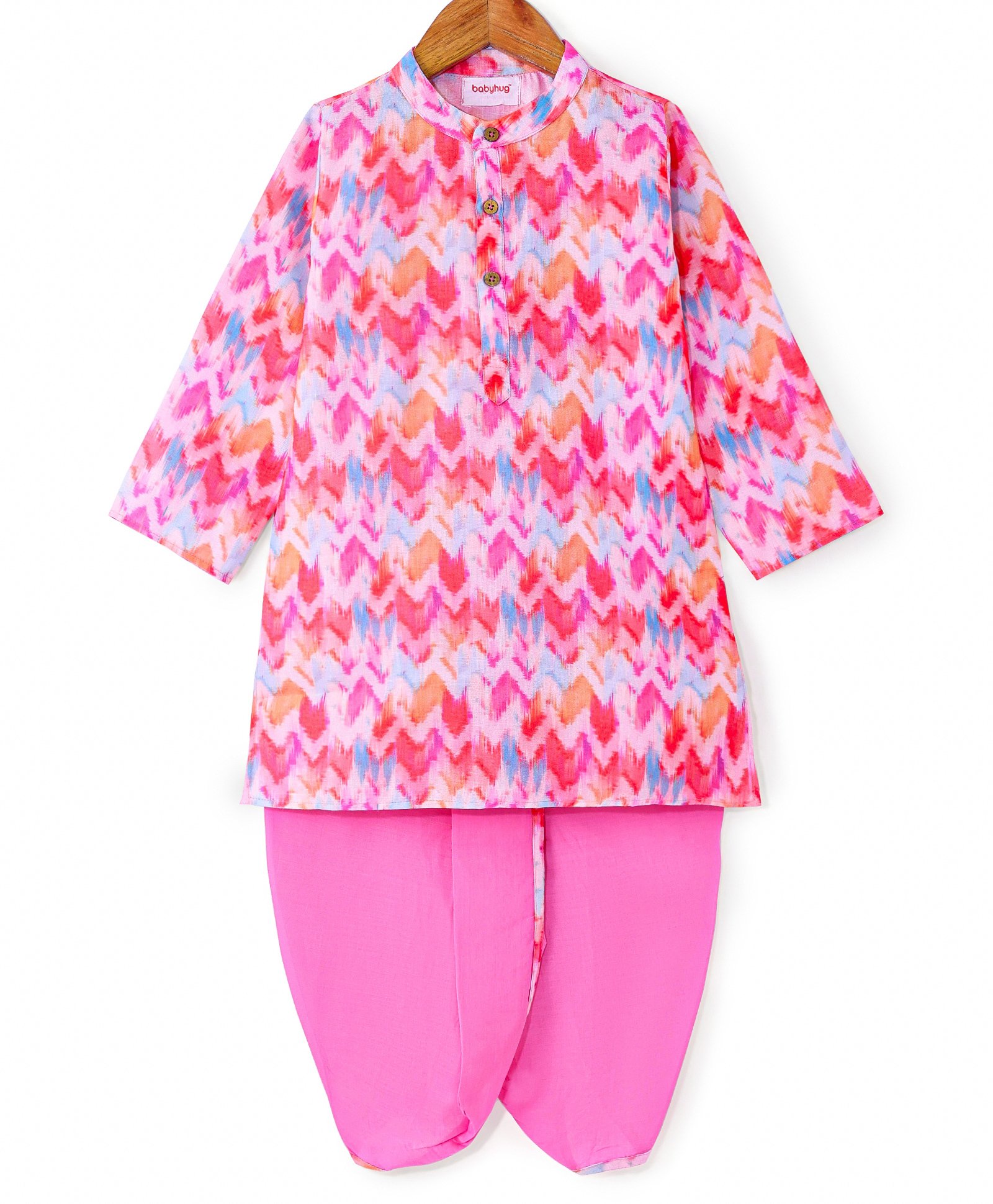 Babyhug Woven Full Sleeves Chevron Printed Kurta & Dhoti Set - Pink-image-42