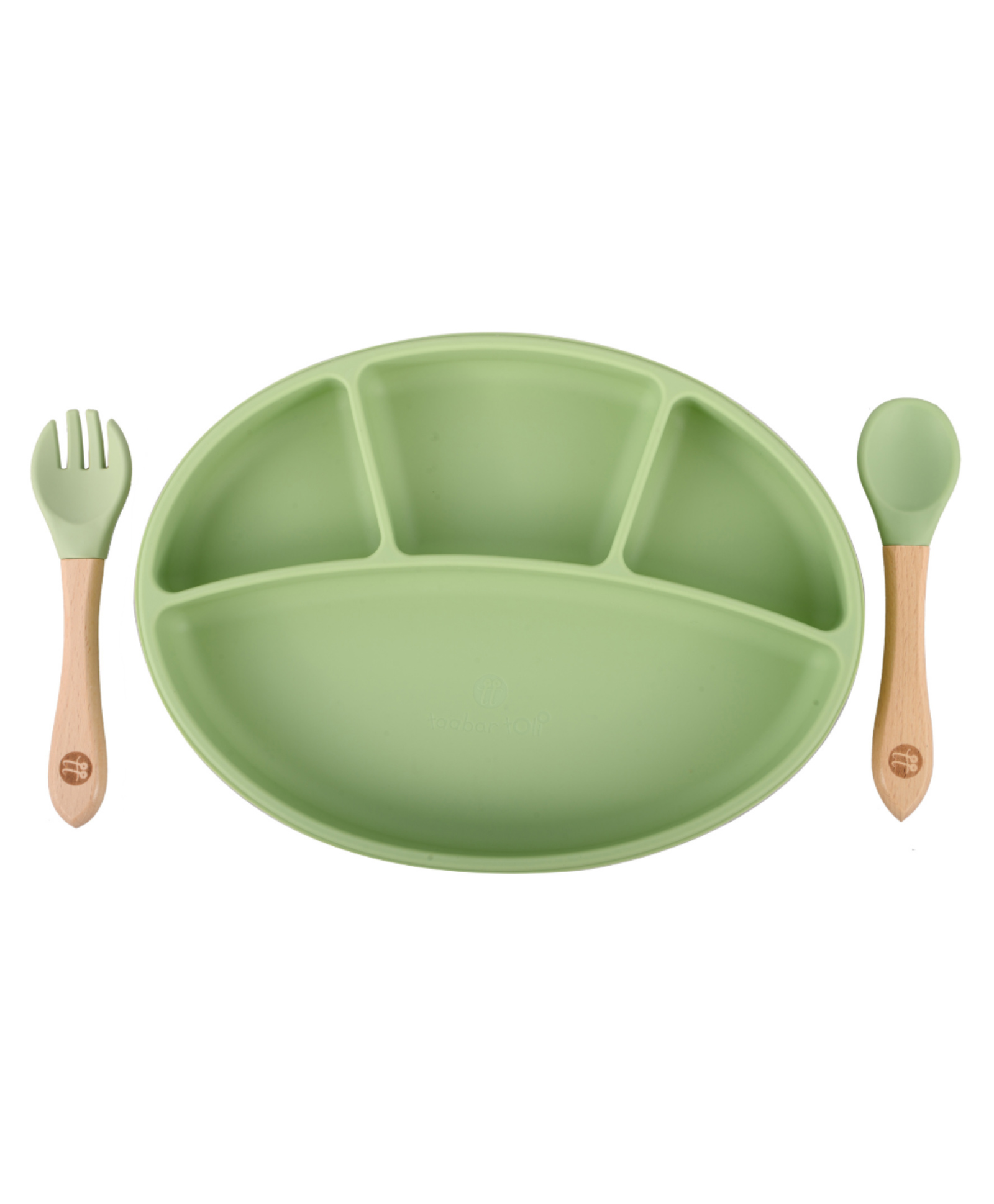 Taabartoli Silicone Oval Plate with Suction  Bamboo Spoon and Fork Set - Green-picture-12