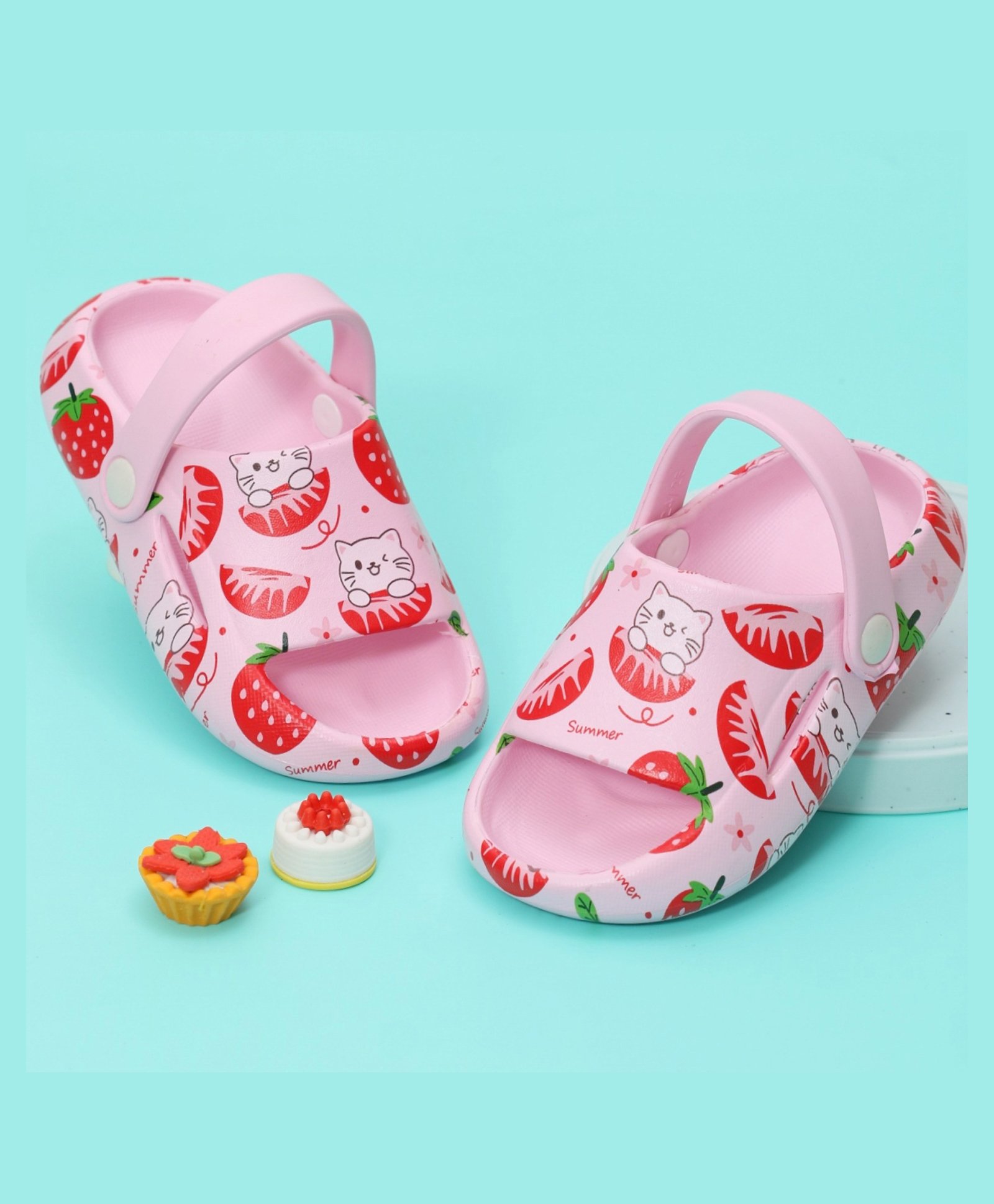 Yellow Bee Strawberry And Cat Printed Sandals - Pink & Red-image-9