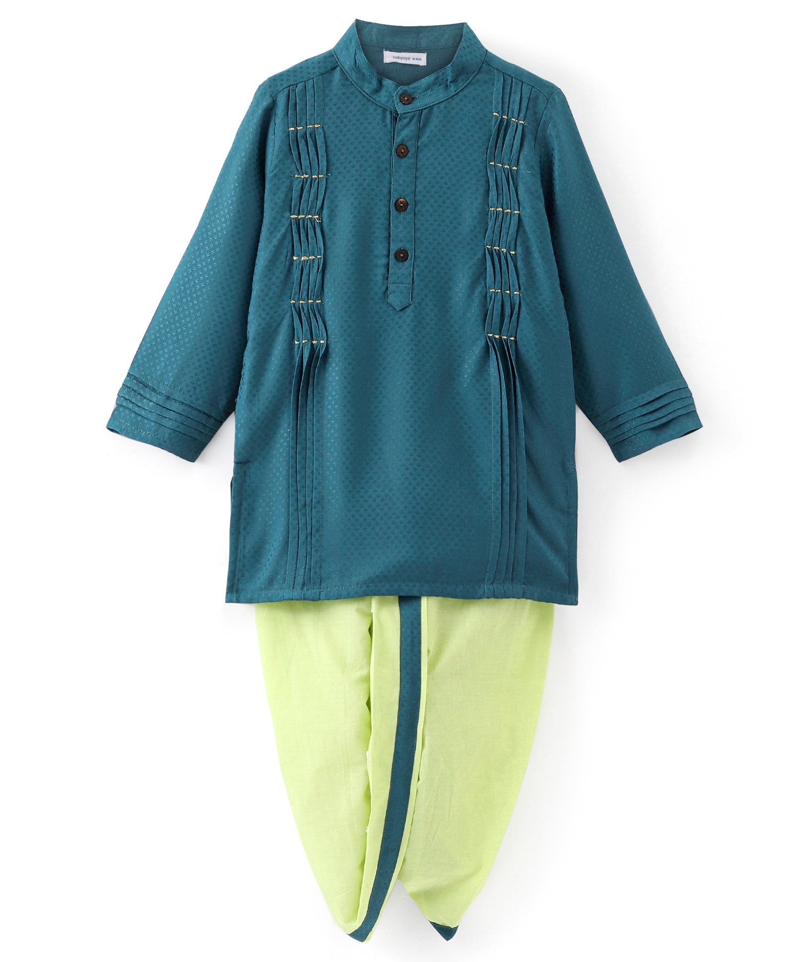 Babyoye 100% Cotton Full Sleeves Dhoti Kurta Set Solid Colour - Blue & Green-image-49