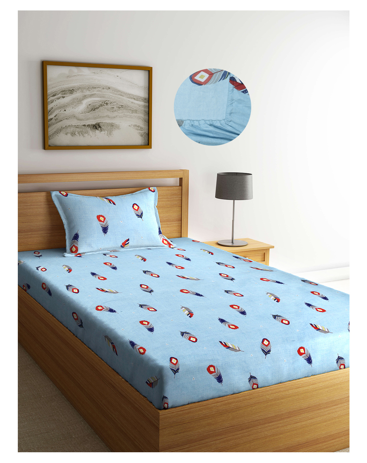 Arrabi Blue Graphic TC Cotton Blend Single Size Fitted Bedsheet with 1 Pillow Cover - Multicolour-picture-1