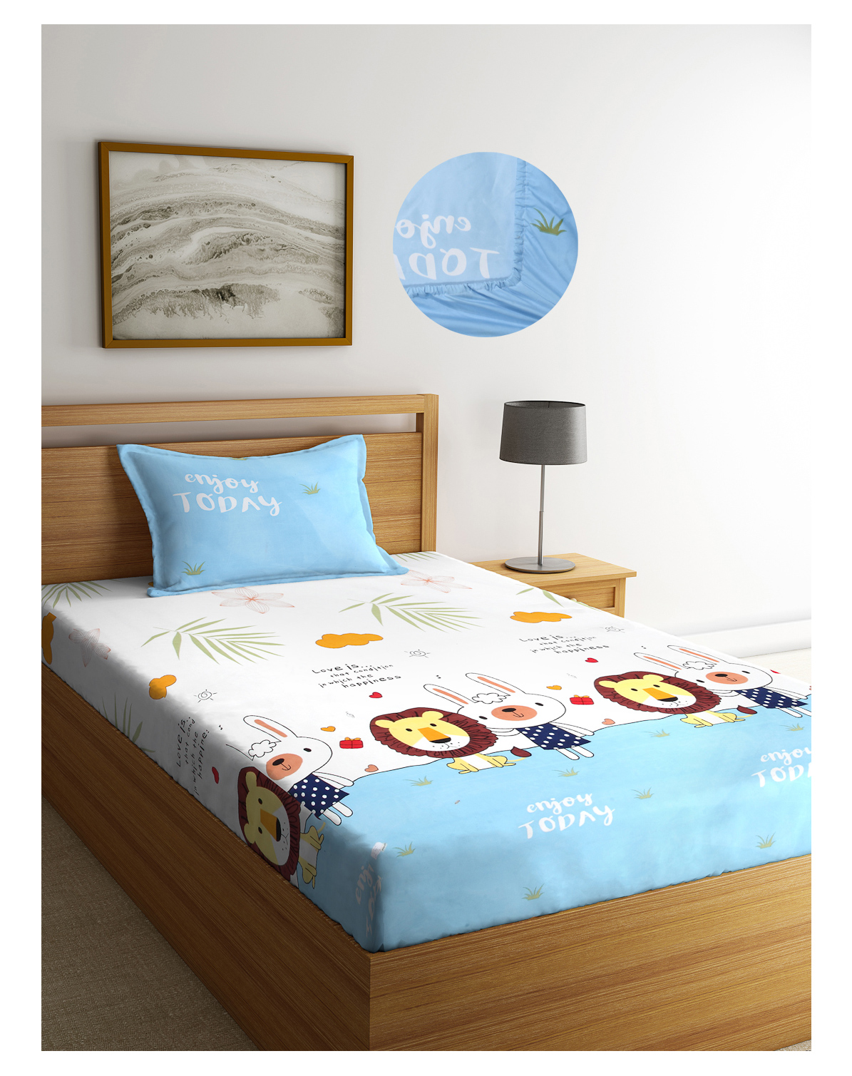Arrabi Multi Cartoon TC Cotton Blend Single Size Fitted Bedsheet with 1 Pillow Cover - Blue-picture-28