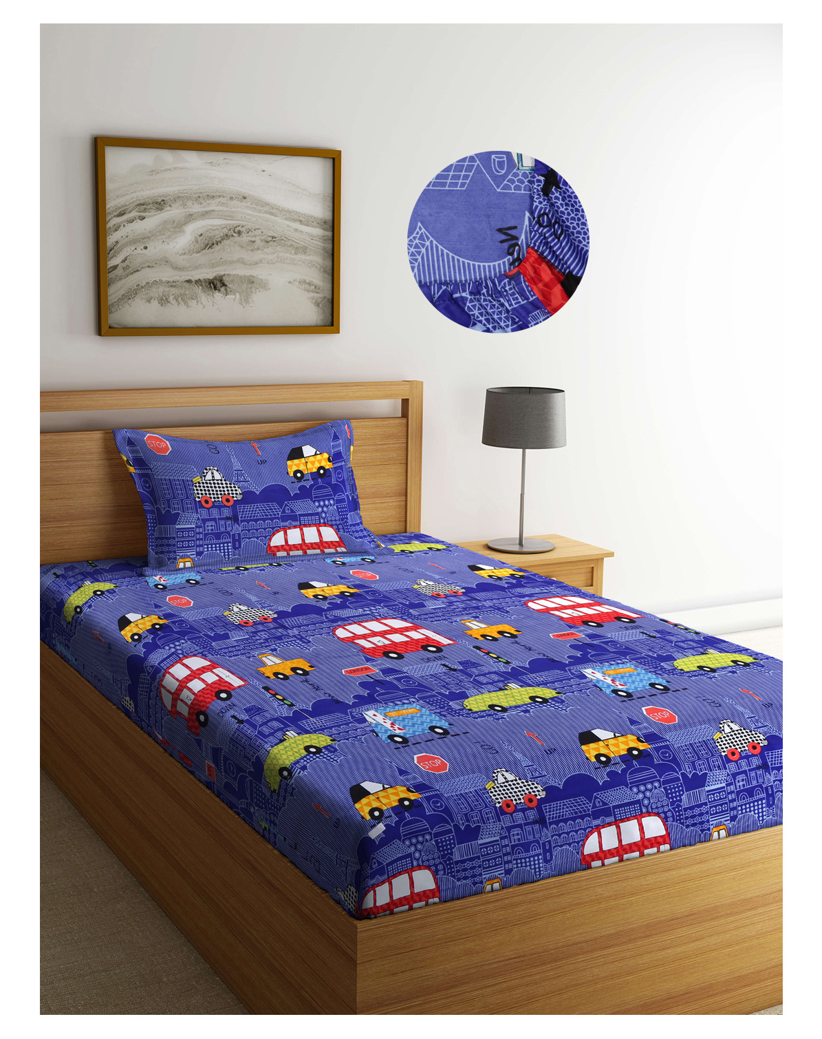 Arrabi Blue Geometric TC Cotton Blend Single Size Fitted Bedsheet with 1 Pillow Cover-picture-19