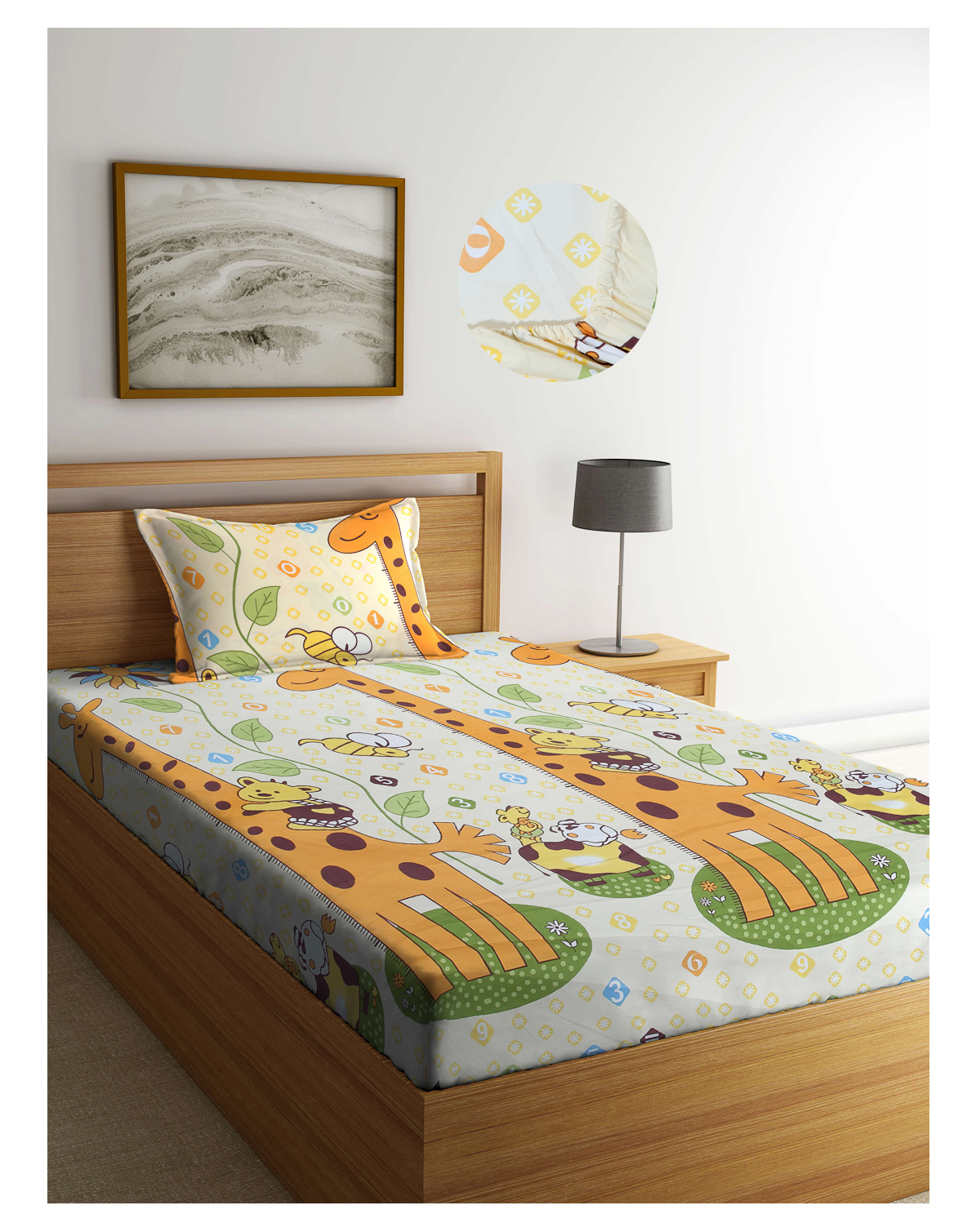 Arrabi Multi Cartoon TC Cotton Blend Single Size Fitted Bedsheet with 1 Pillow Cover-image-45