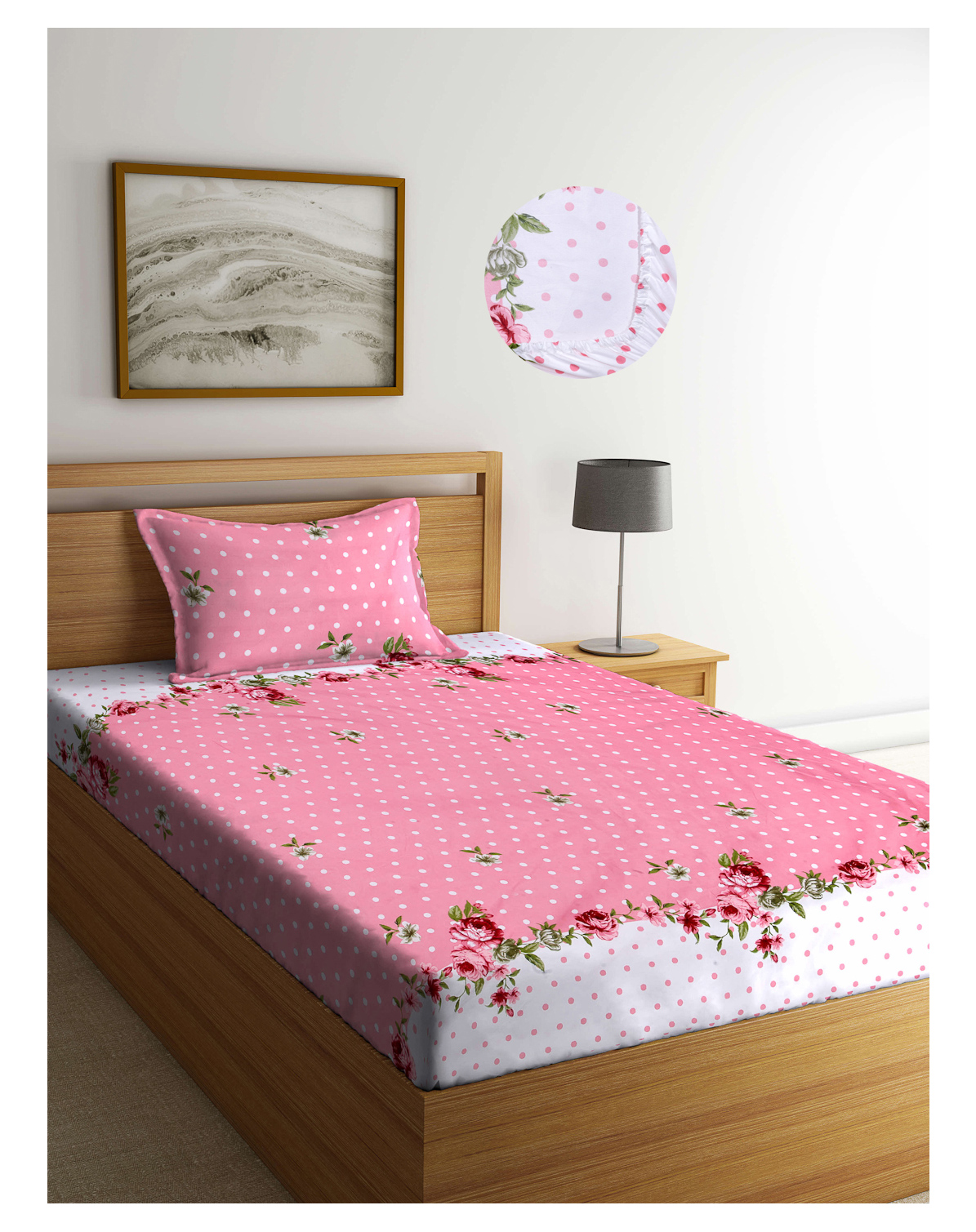 Arrabi Pink Floral TC Cotton Blend Single Size Fitted Bedsheet with 1 Pillow Cover- Multicolour-picture-4