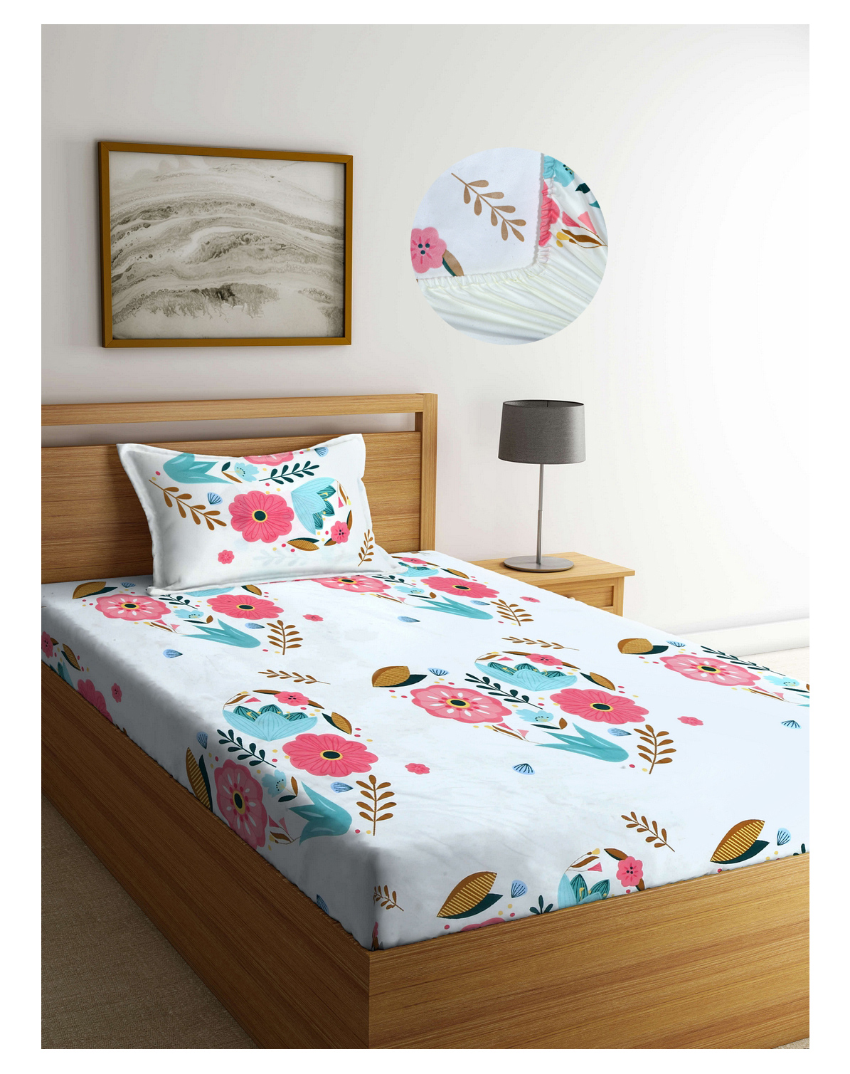 Arrabi Multi Floral TC Cotton Blend Single Size Fitted Bedsheet with 1 Pillow Cover-picture-5