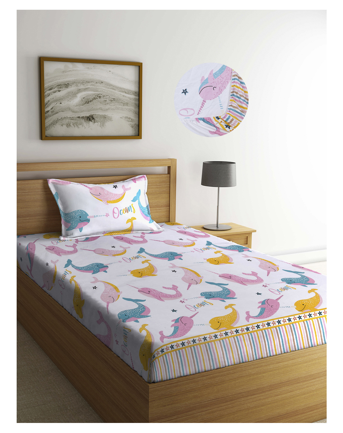 Arrabi White Cartoon TC Cotton Blend Single Size Fitted Bedsheet with 1 Pillow Cover- Multicolour-picture-7