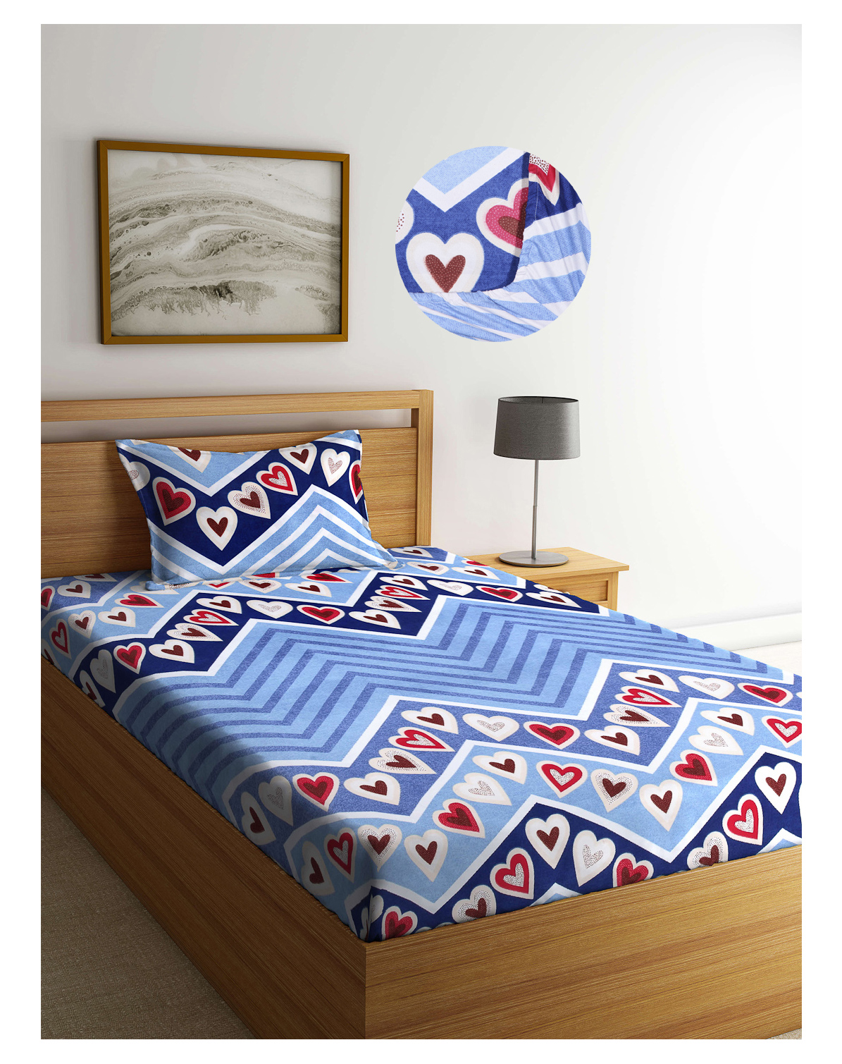 Arrabi Blue Graphic TC Cotton Blend Single Size Fitted Bedsheet with 1 Pillow Cover - Multicolour-picture-8
