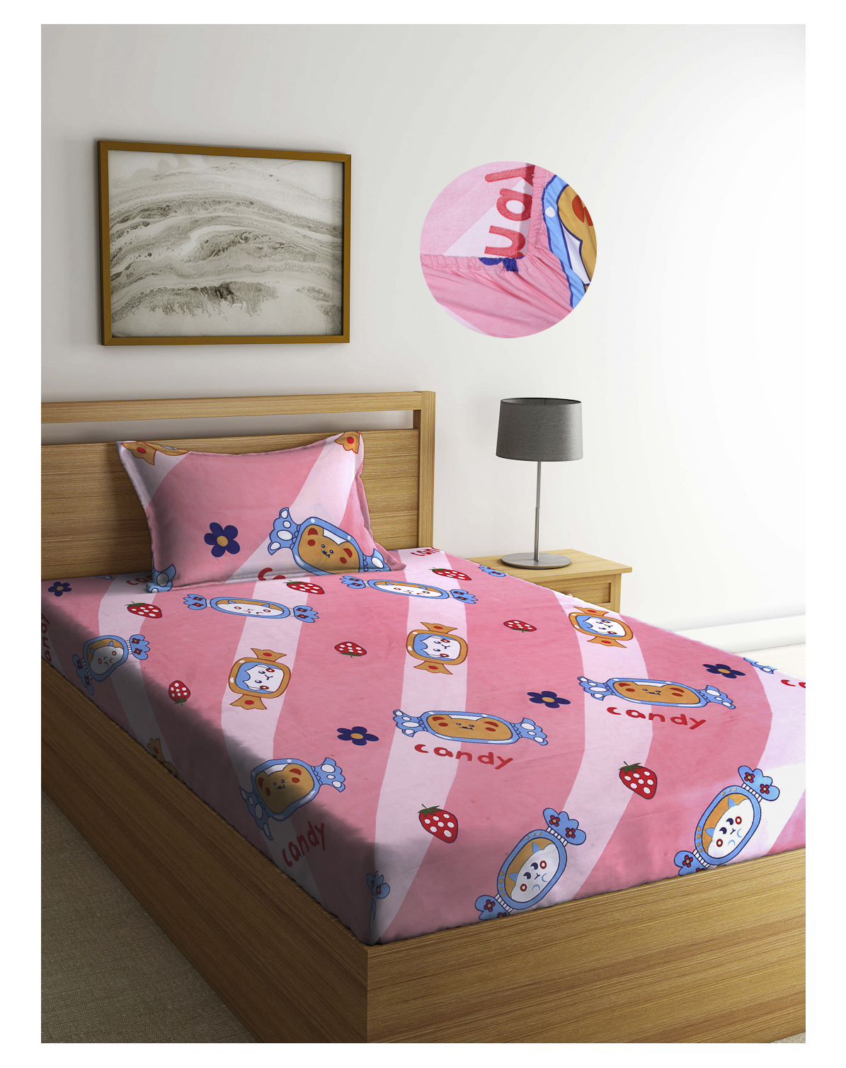 Arrabi Pink Cartoon TC Cotton Blend Single Size Fitted Bedsheet with 1 Pillow Cover-picture-9