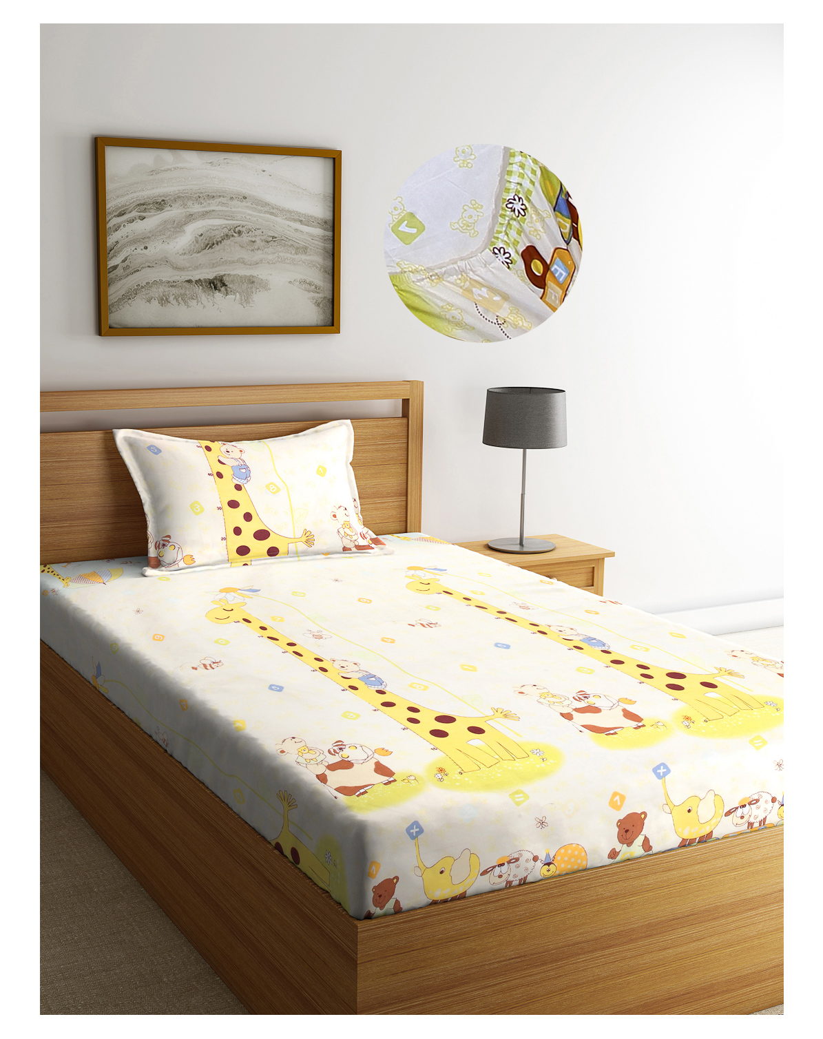 Arrabi Yellow Cartoon TC Cotton Blend Single Size Fitted Bedsheet with 1 Pillow Cover-image-7