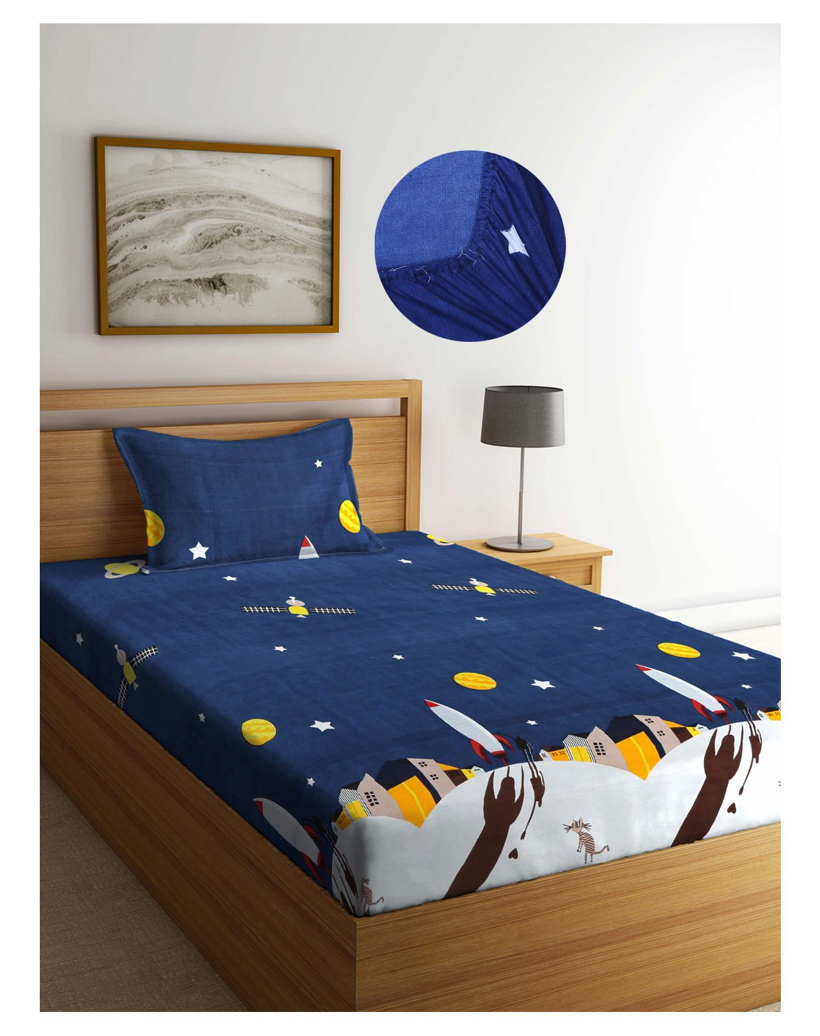 Arrabi Blue Graphic TC Cotton Blend Single Size Fitted Bedsheet with 1 Pillow Cover-picture-11