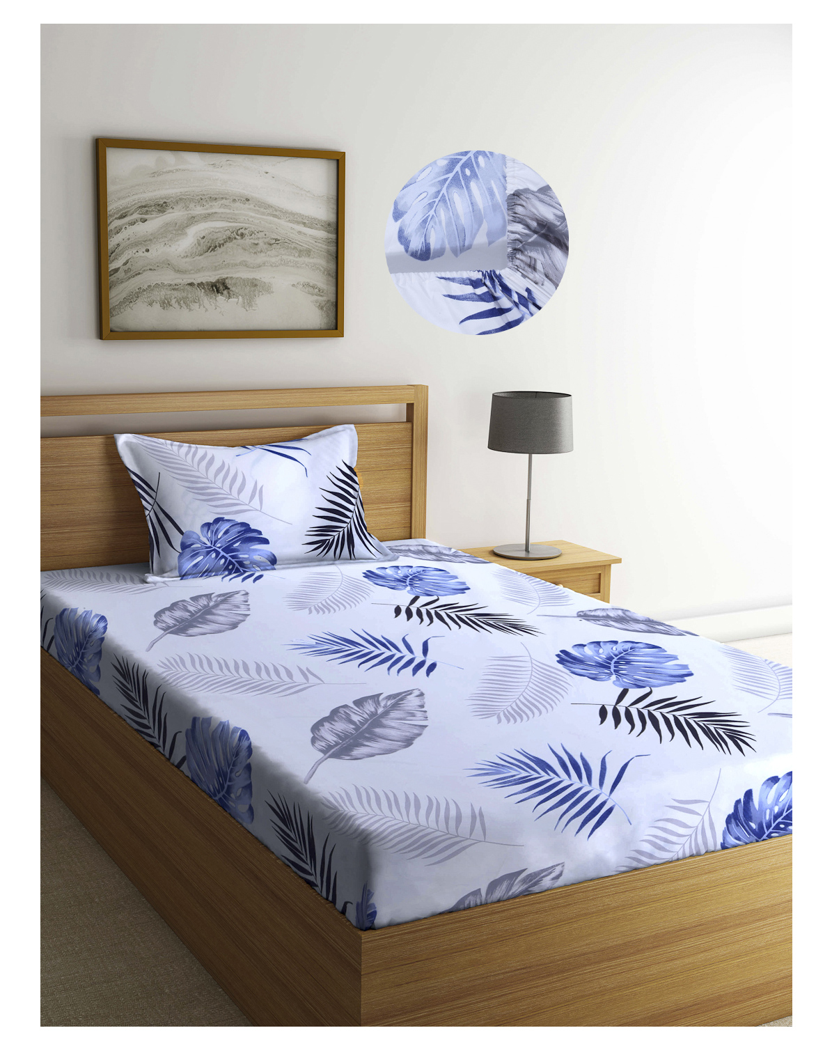 Arrabi White Leaf TC Cotton Blend Single Size Fitted Bedsheet with 1 Pillow Cover - Multicolour-image-21