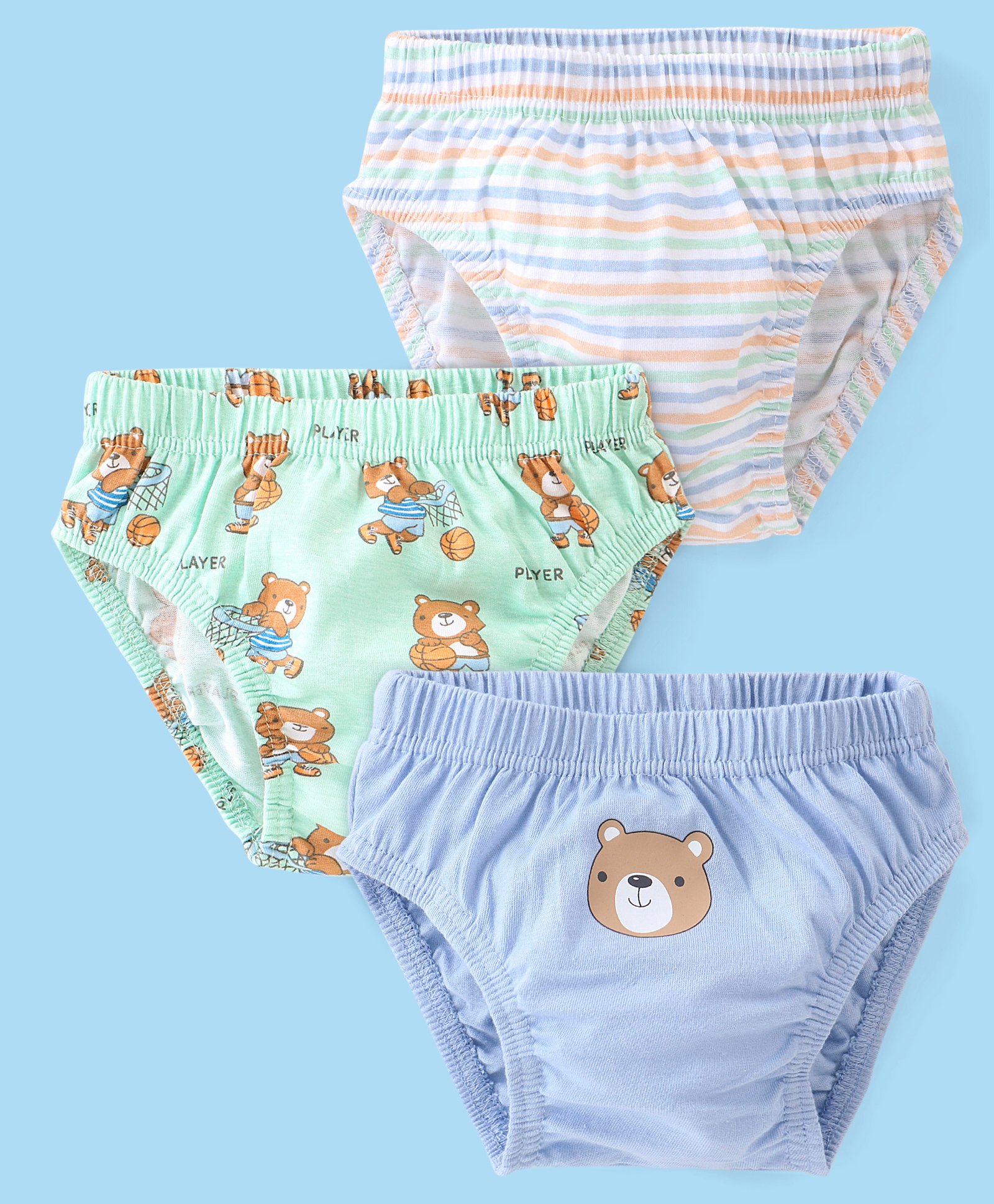 Babyhug 100% Cotton Antibacterial Briefs Teddy Print Pack Of 3 - Purple & Blue-image-46