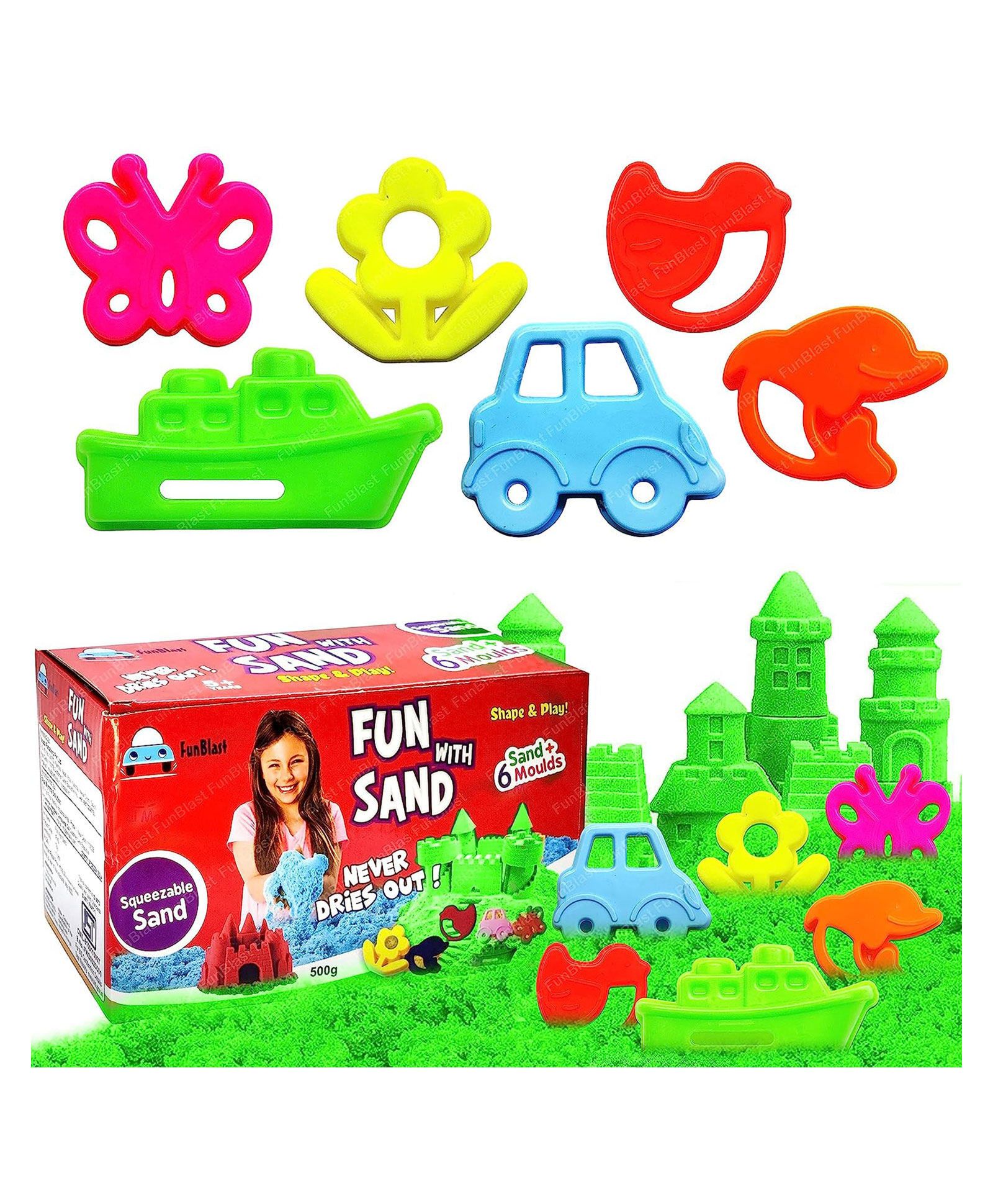 FunBlast Creative Green Sand & 6 Pcs Moulds - Multicolor-image-39
