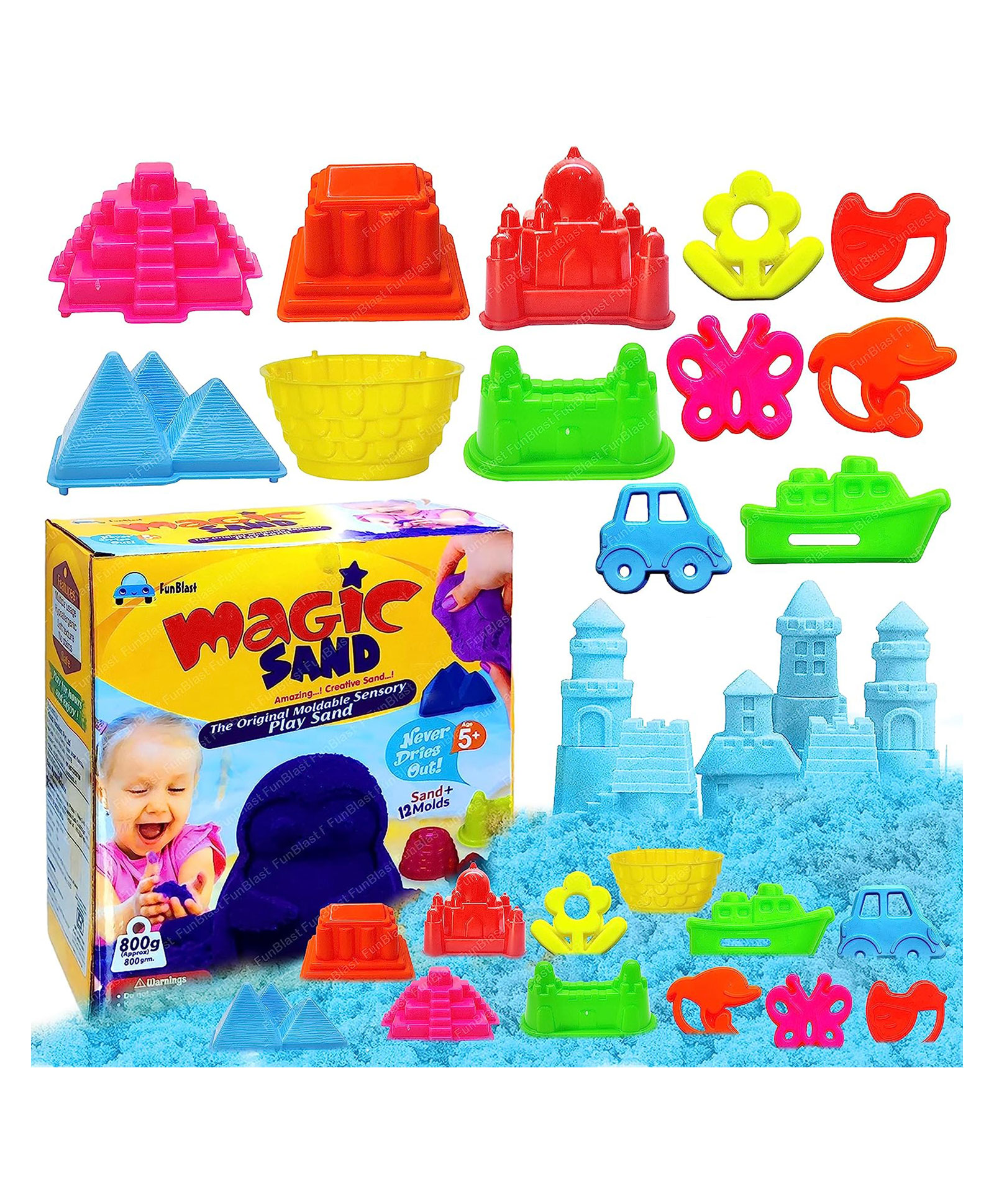 FunBlast Creative Blue Sand & 12 Pcs Moulds - Multicolor