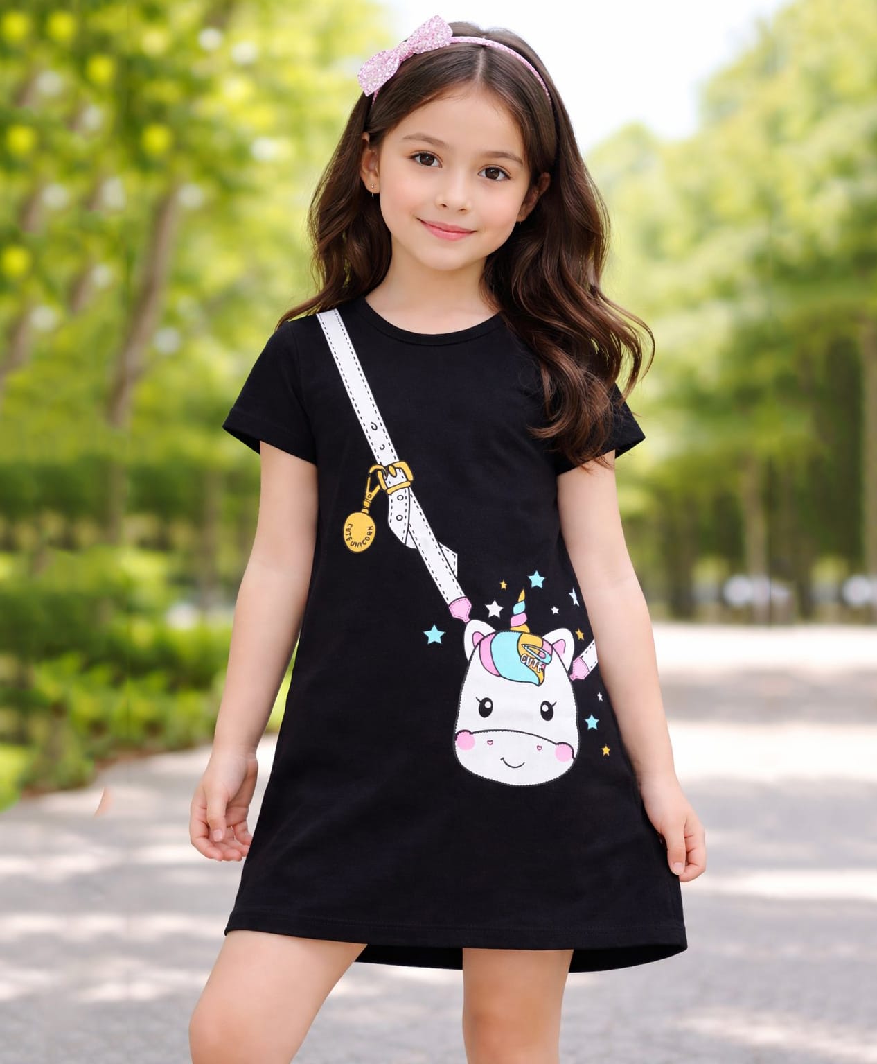 Little Marine Half Sleeves Mock Style Unicorn Sling Bag Printed T Shirt Dress - Black-picture-42