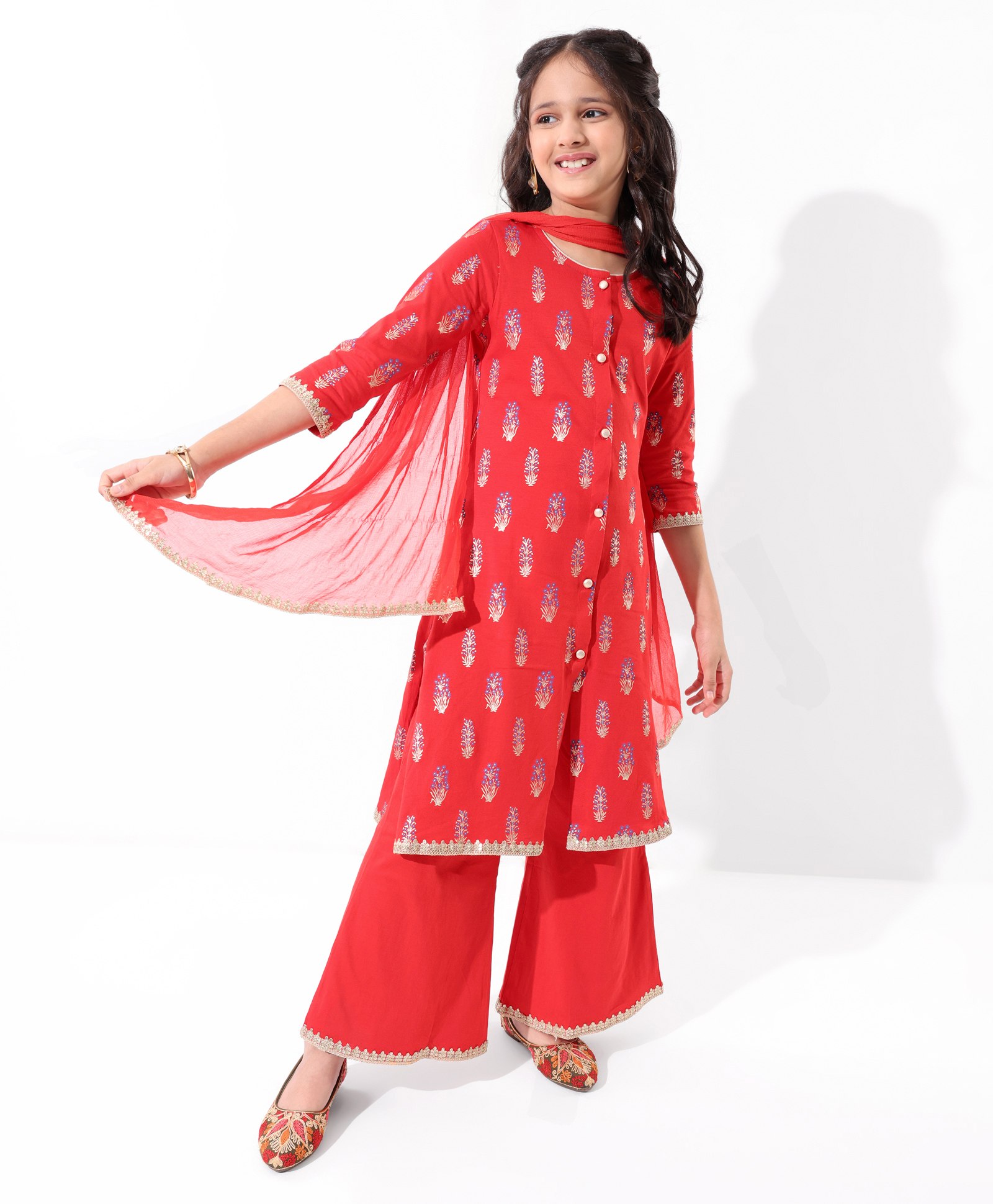 EARTHY TOUCH Cotton Knit Three Fourth Sleeves  Floral Printed Kurta Salwar with Dupatta Set - Rust Red-image-26