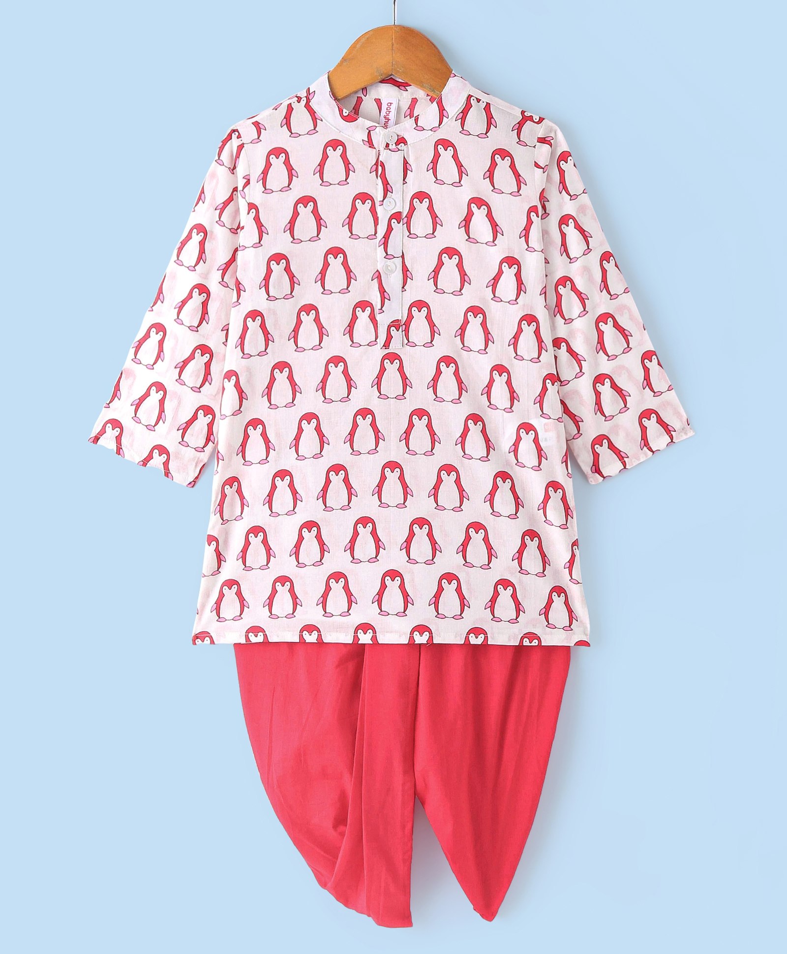 Babyhug 100% Cotton Woven Full Sleeves Penguin Printed Kurta Dhoti Set - Red & White-image-47