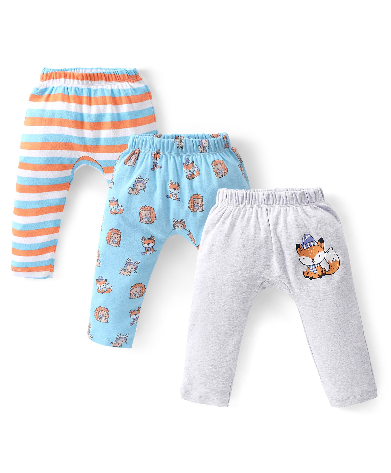 Babyhug Cotton Knit Full Length Diaper Pants Striped & Fox Printed Pack of 3 - Grey & Blue-picture-12