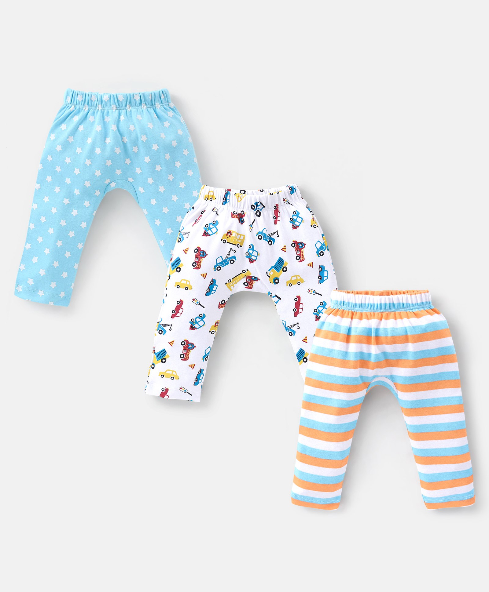 Babyhug Cotton Full Length Diaper Pants Striped & Vehicles Printed Pack of 3 - Blue & White-picture-22