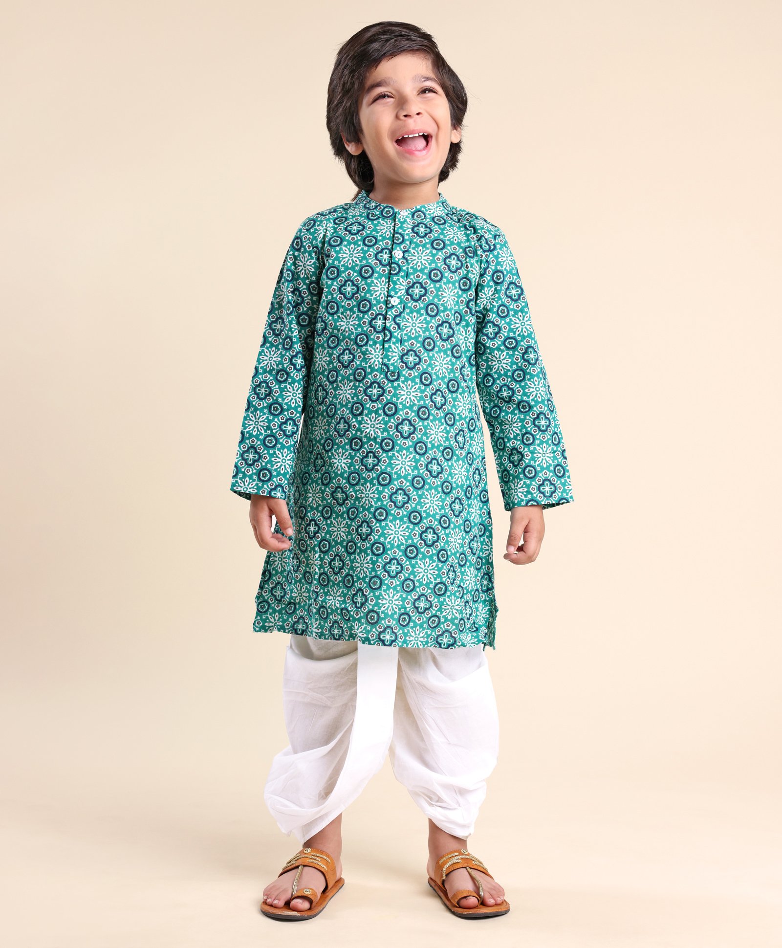 Babyhug 100% Cambric Full Sleeve Printed Kurta With Solid Dhoti Set - Teal Blue-picture-10