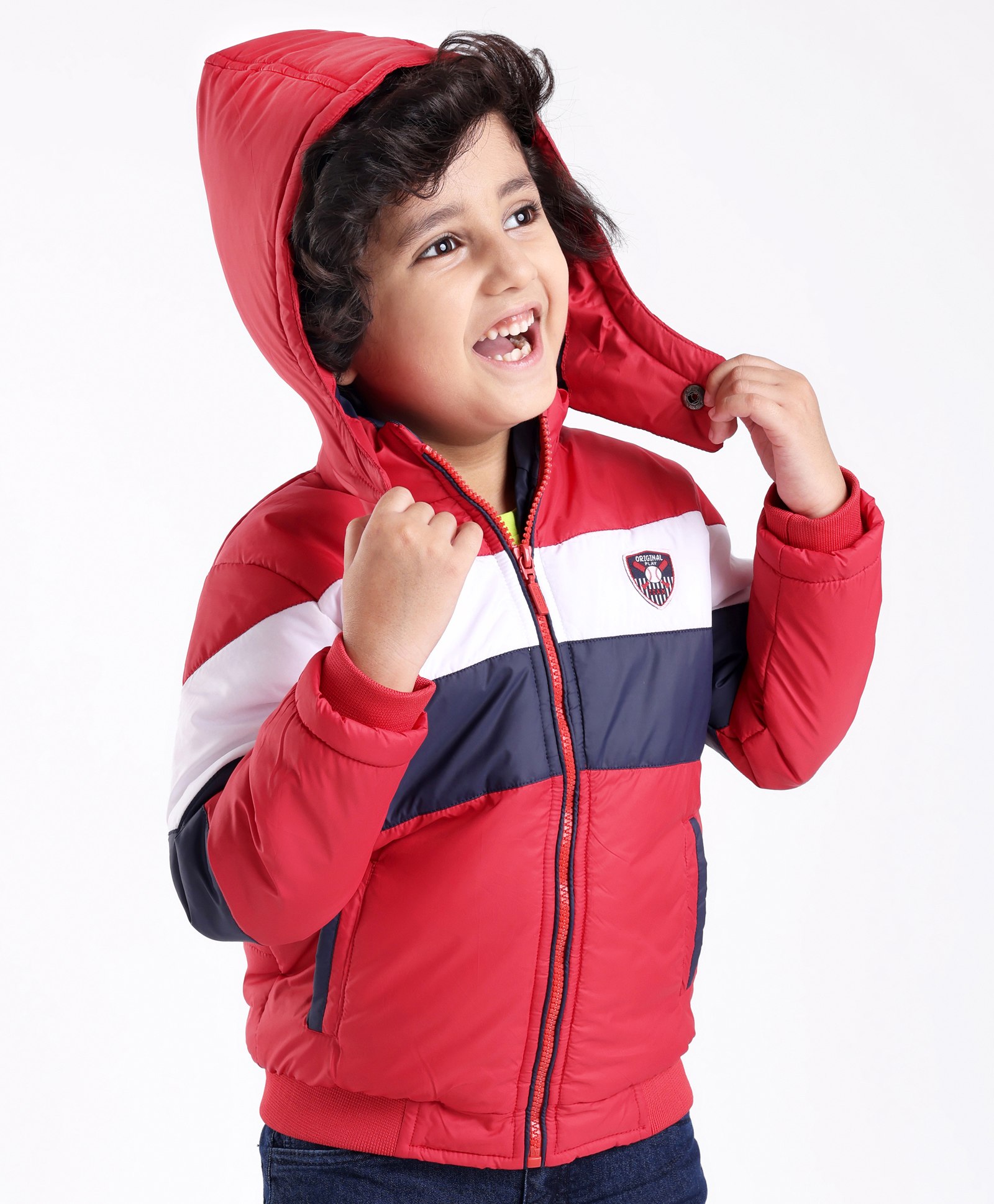 Babyhug Woven Full Sleeves Jacket With Detachable Hood - Red White & Blue-picture-18