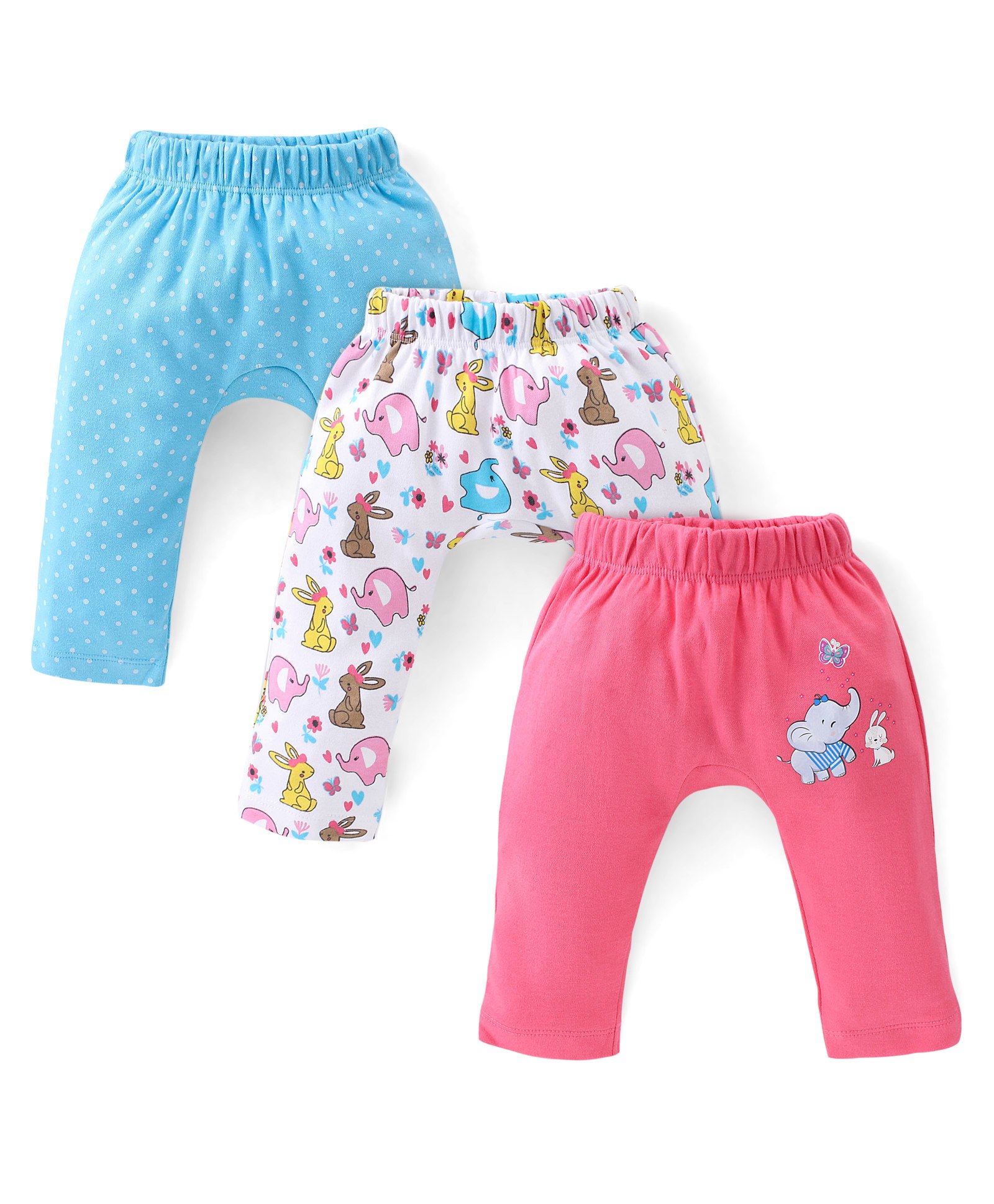 Babyhug Cotton Knit Full Length Diaper Pants Elephant Printed Pack of 3 - Pink & Blue