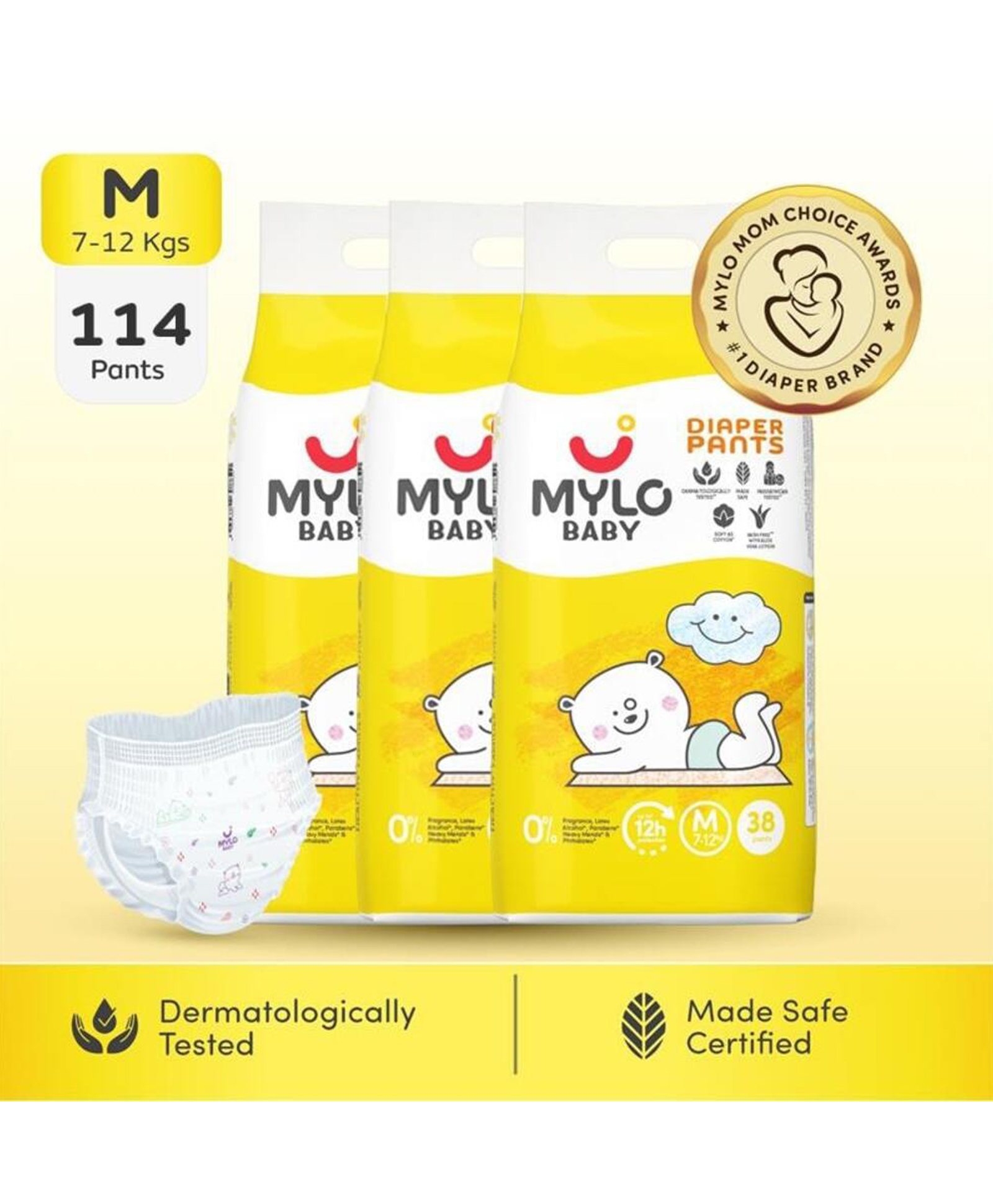 Mylo Baby Diaper Pants Medium (M) Size with ADL Technology 12 Hours Protection Pack of 3 - 114 Pieces-image-3