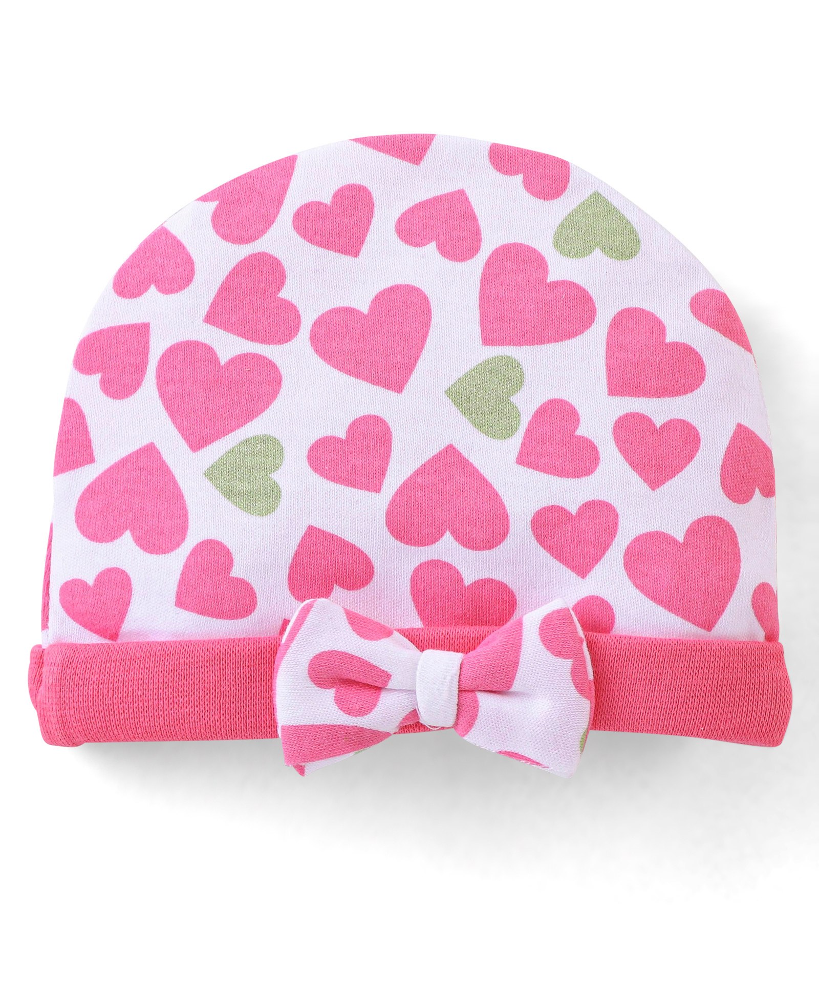 Babyhug 100% Cotton Knit Round Cap Heart Print With Bow Applique - Pink-image-32