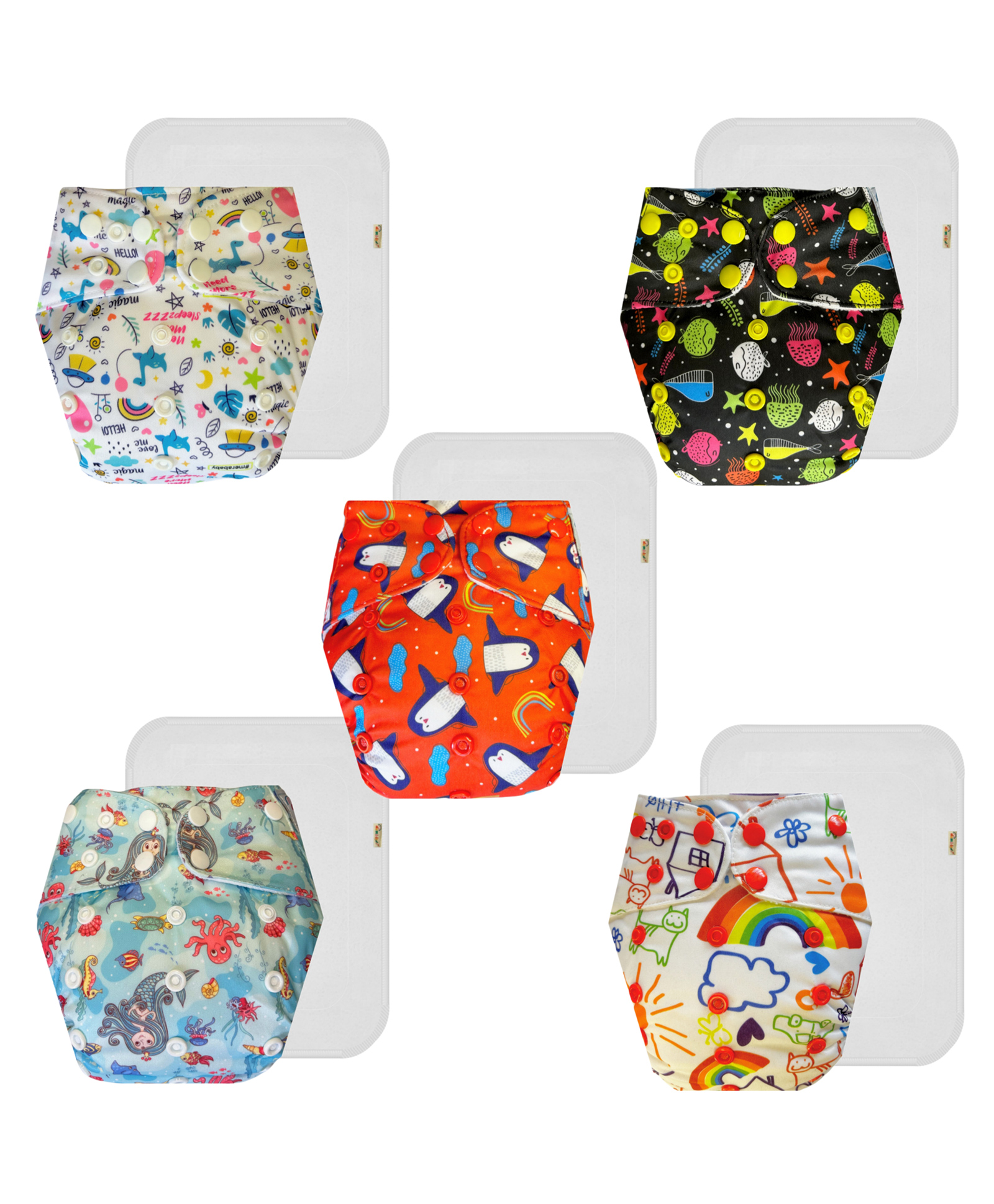 Dumbledo Cloth Diaper Eco-Friendly Reusable Adjustable Free Size Leak Proof Quick Dry Unisex Without Insert Pack of 5 - Multicolor-image-37