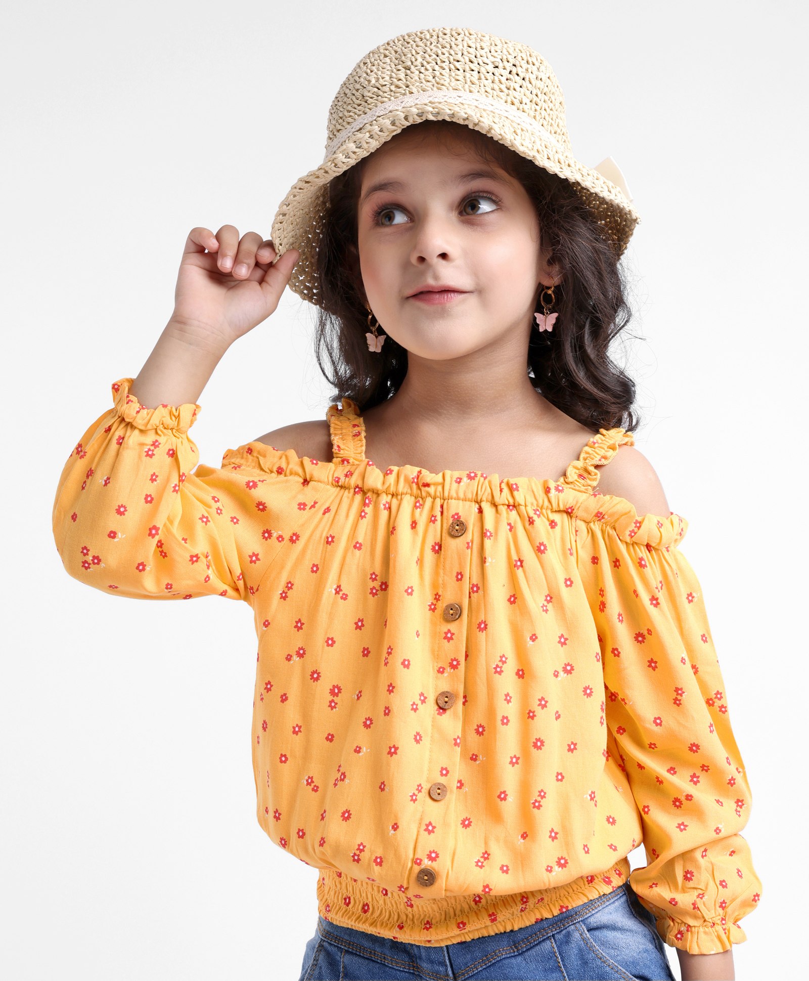 Babyhug 100% Rayon Woven Full Sleeves Off Shoulder Top with Smocking & Ruffle Detailing Floral Print - Yellow-image-6