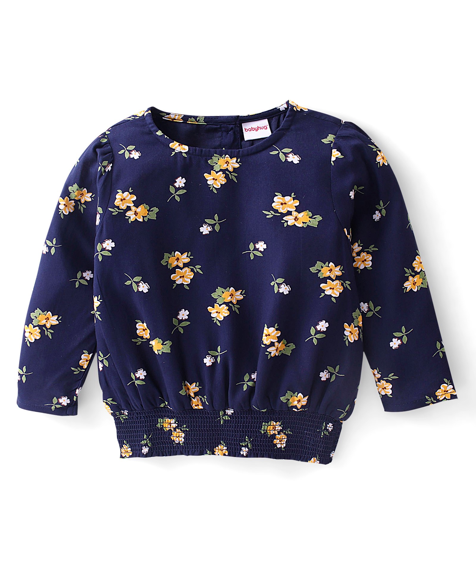 Babyhug 100% Rayon Full Sleeves Floral Printed Top With Smocking Detailing- Navy Blue-image-49