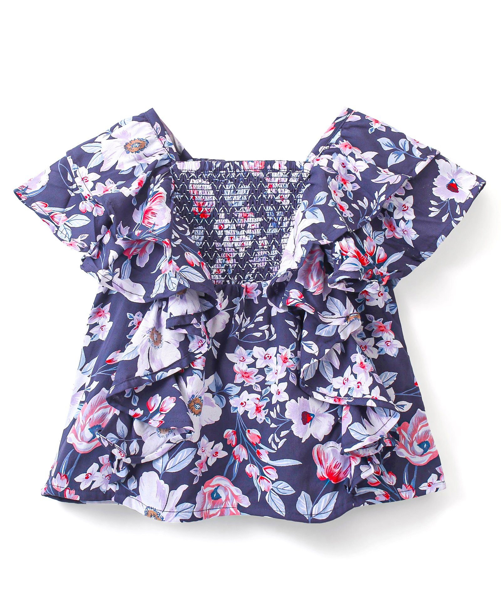 Babyhug 100% Rayon Half Sleeves Floral Printed Top with Smocking & Frill Detailing - Navy Blue-picture-10