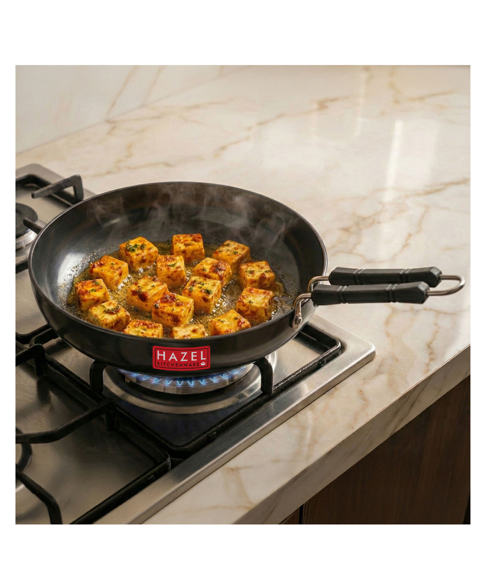 HAZEL 3 mm Hard Anodised Frying Pan Aluminium Anodized Fry Pan Induction Base 22 cm Black - 1750 ml-image-4