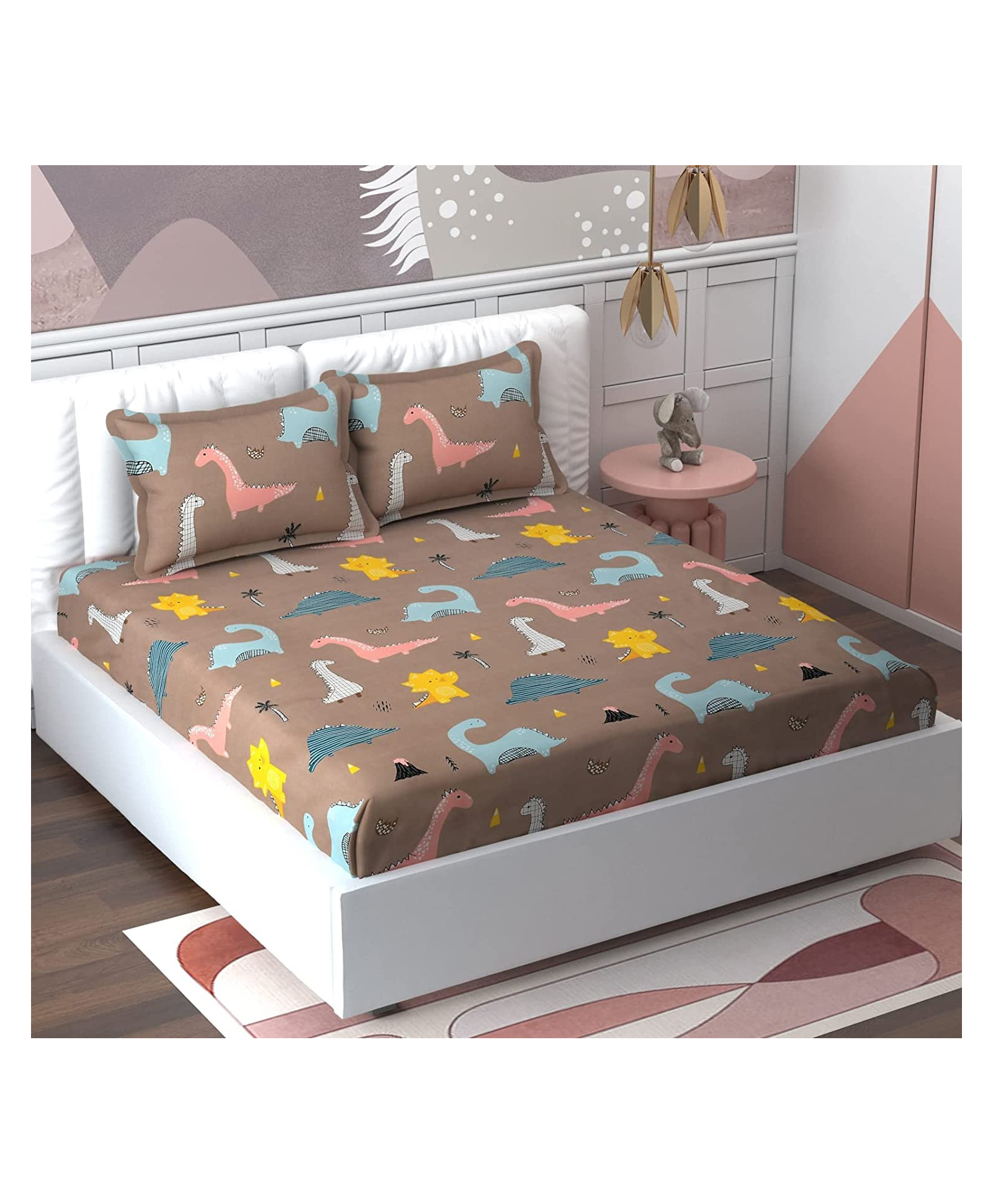 RRC Super Soft Brushed Microfiber Cotton Cartoon Print Double Bedsheet With 2 Pillow Cover - Brown-image-32