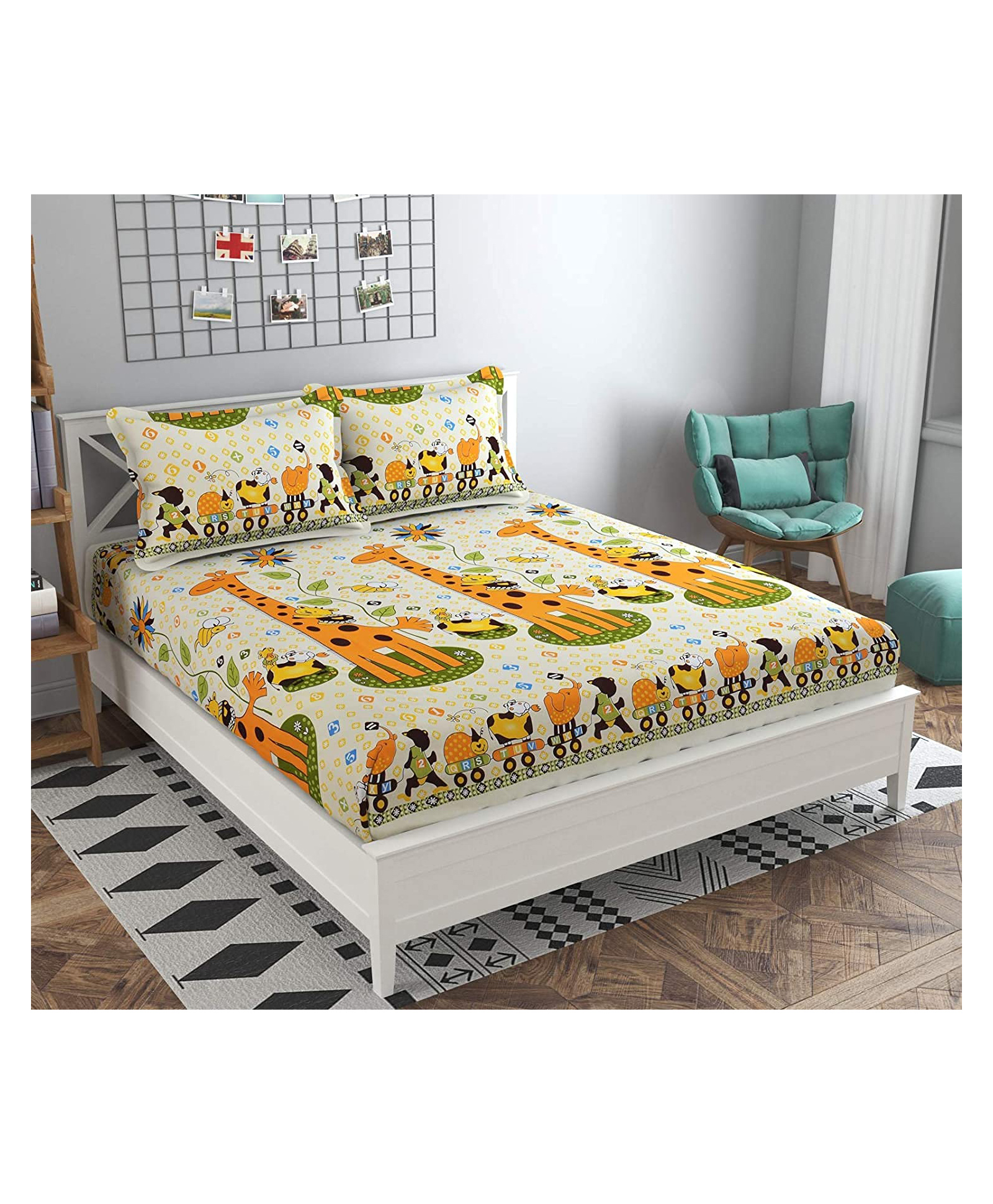 RRC Super Soft Brushed Microfiber Cotton Cartoon Print Double Bedsheet With 2 Pillow Cover - Green-image-42