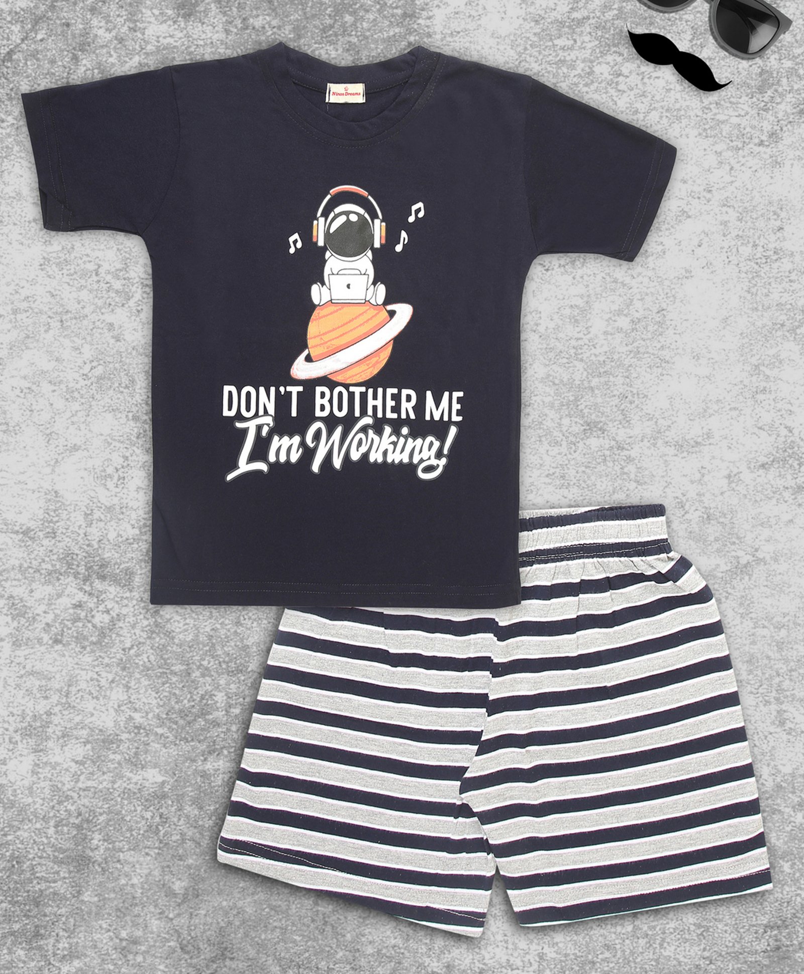 Ninos Dreams Half Sleeves Text Print With Striped Shorts  - Navy Blue-image-43
