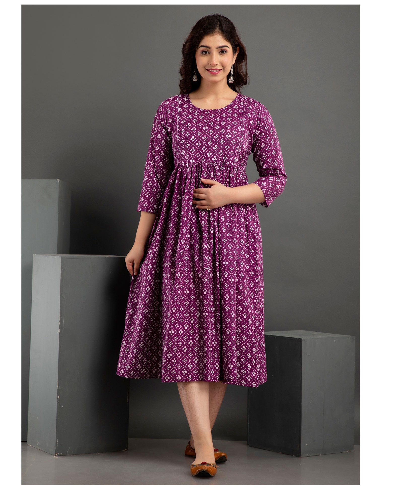 FlyFinns Three Fourth Sleeves Ethnic Motif Printed With Concealed Zipper Nursing Access Maternity Kurta - Purple-image-44