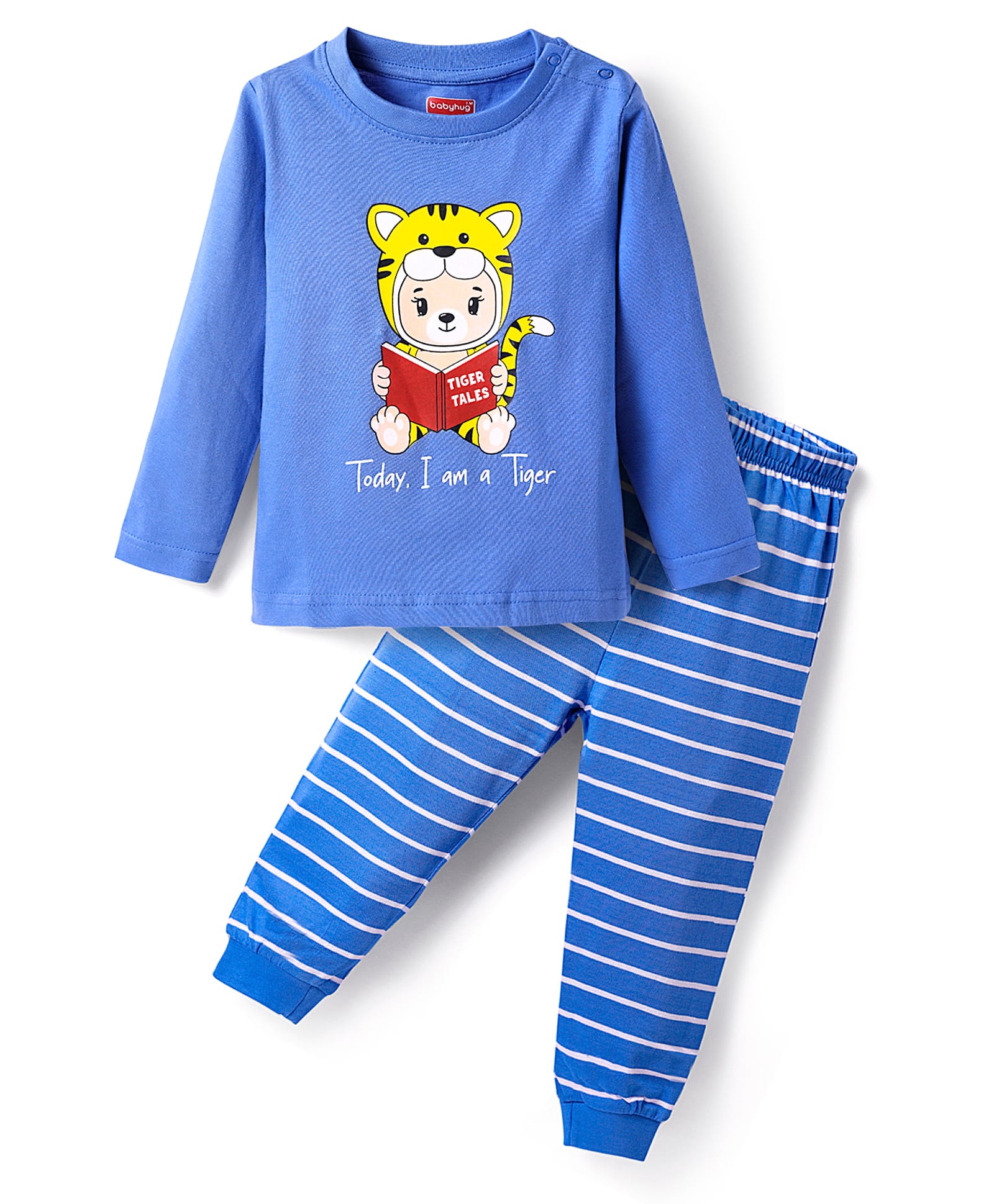 Babyhug Single Jersey Knit Full Sleeves Nightsuit With Animal Print & Stripes - Blue-image-44