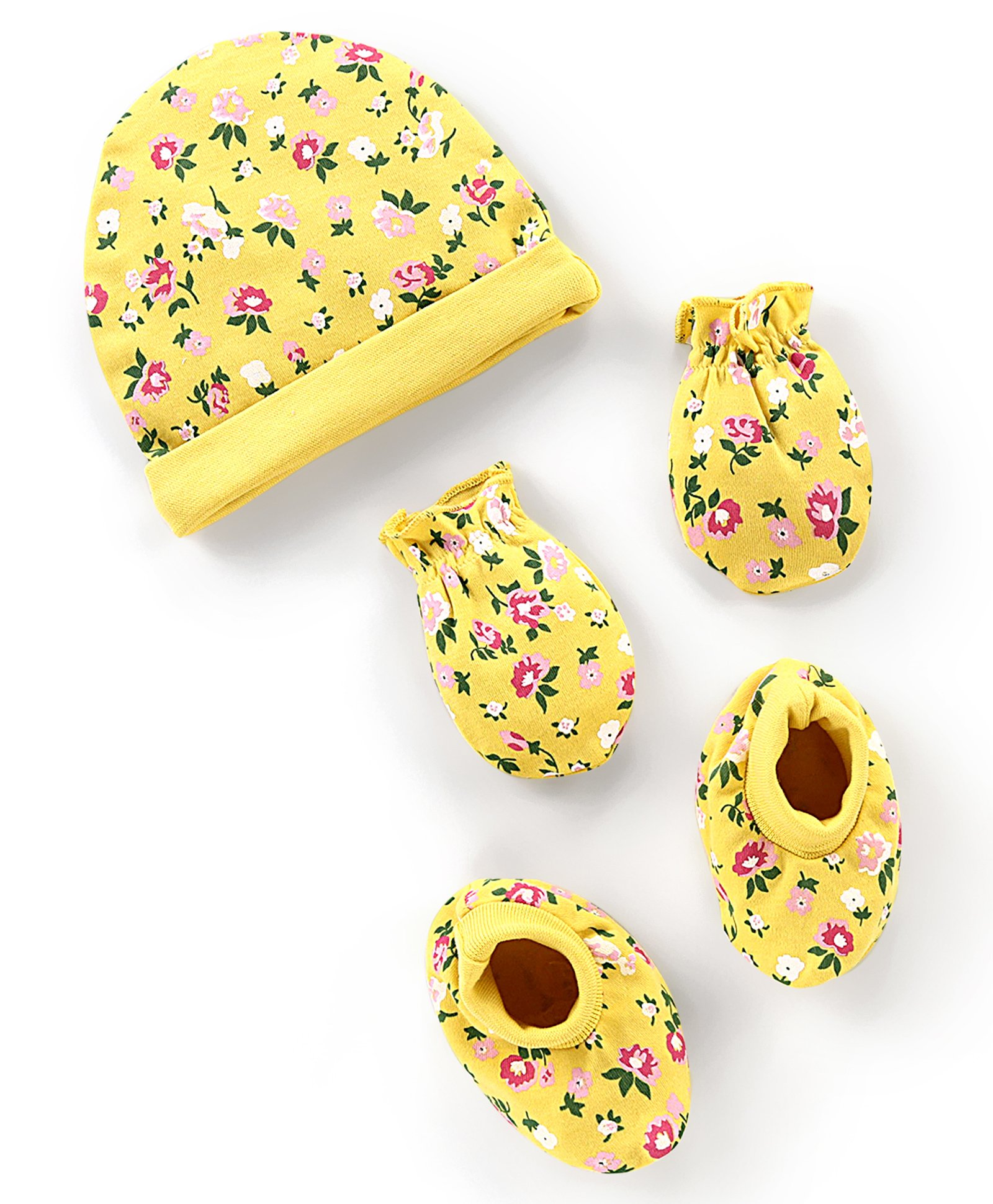 Babyhug Interlock 100% Cotton Knit Cap Mittens & Booties Floral Print Yellow - Diameter 9.5 cm-picture-18