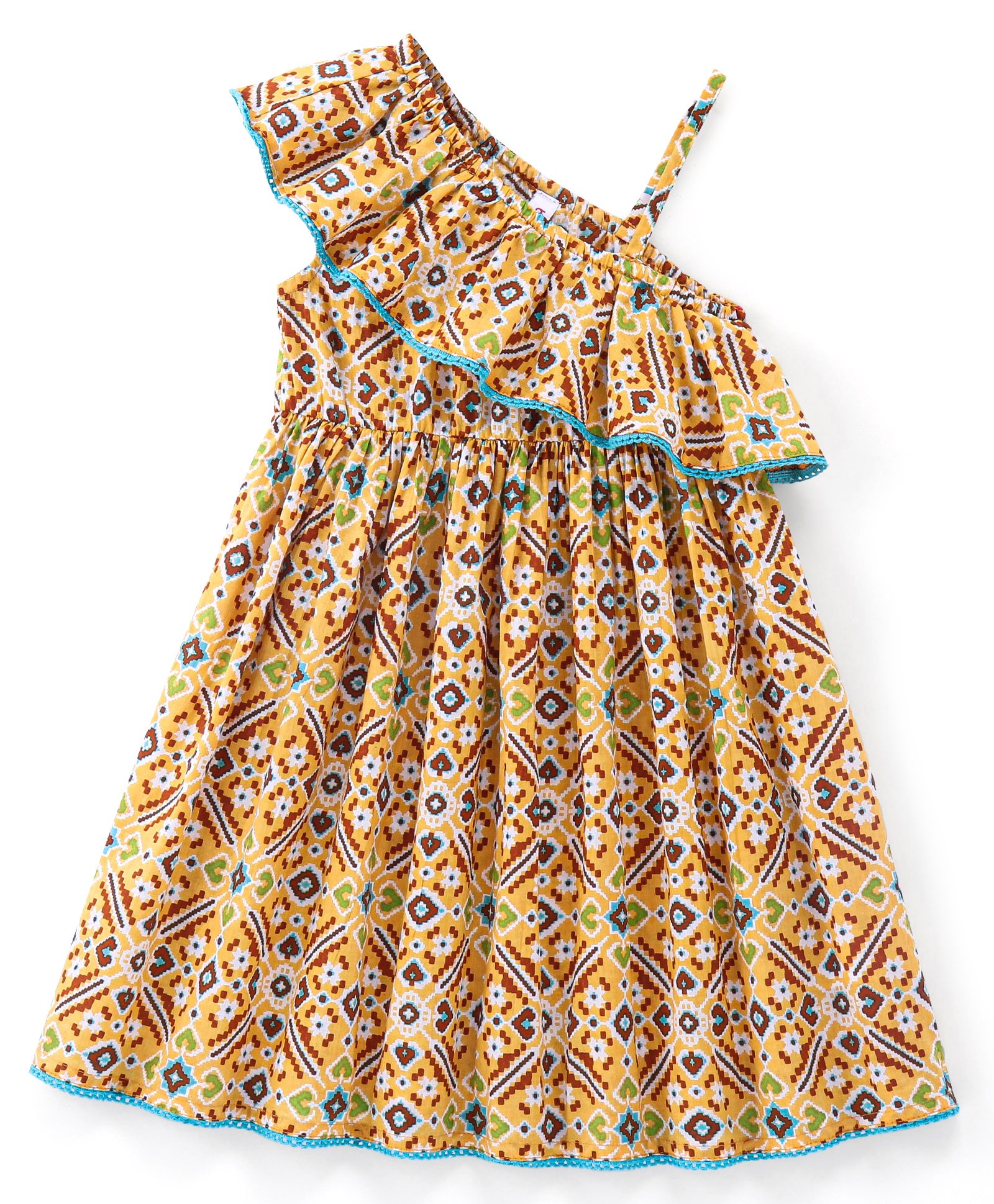 Babyhug Cotton Woven Knee Length Off Shoulder Argyle Printed Ethnic Dress - Yellow-image-32