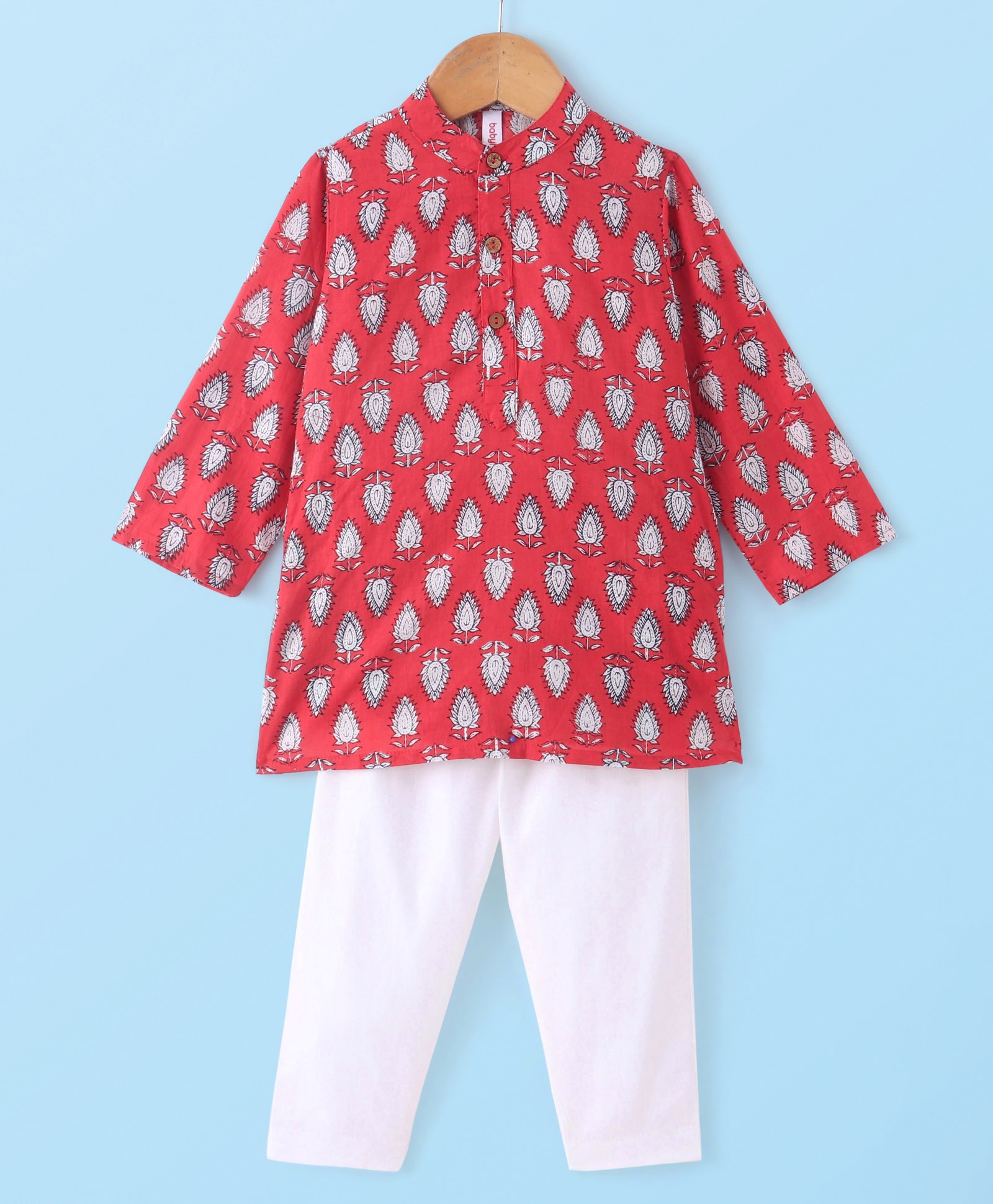 Babyhug 100% Cotton Woven Kurta Pyjama Set With Leaves Print - Red-image-38