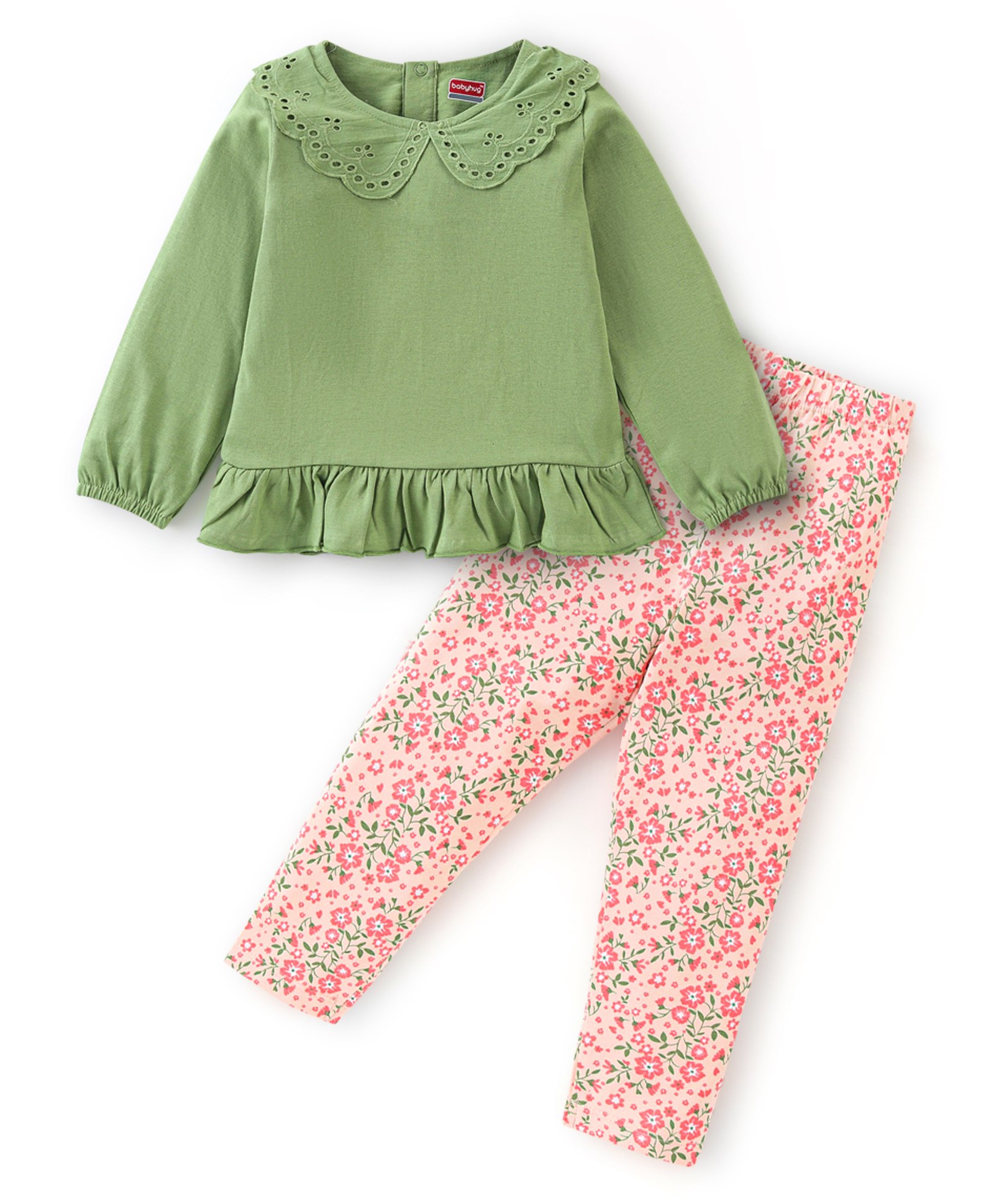 Babyhug 100% Cotton Full Sleeves Top and Floral Printed Pant - Green & Orange-image-27