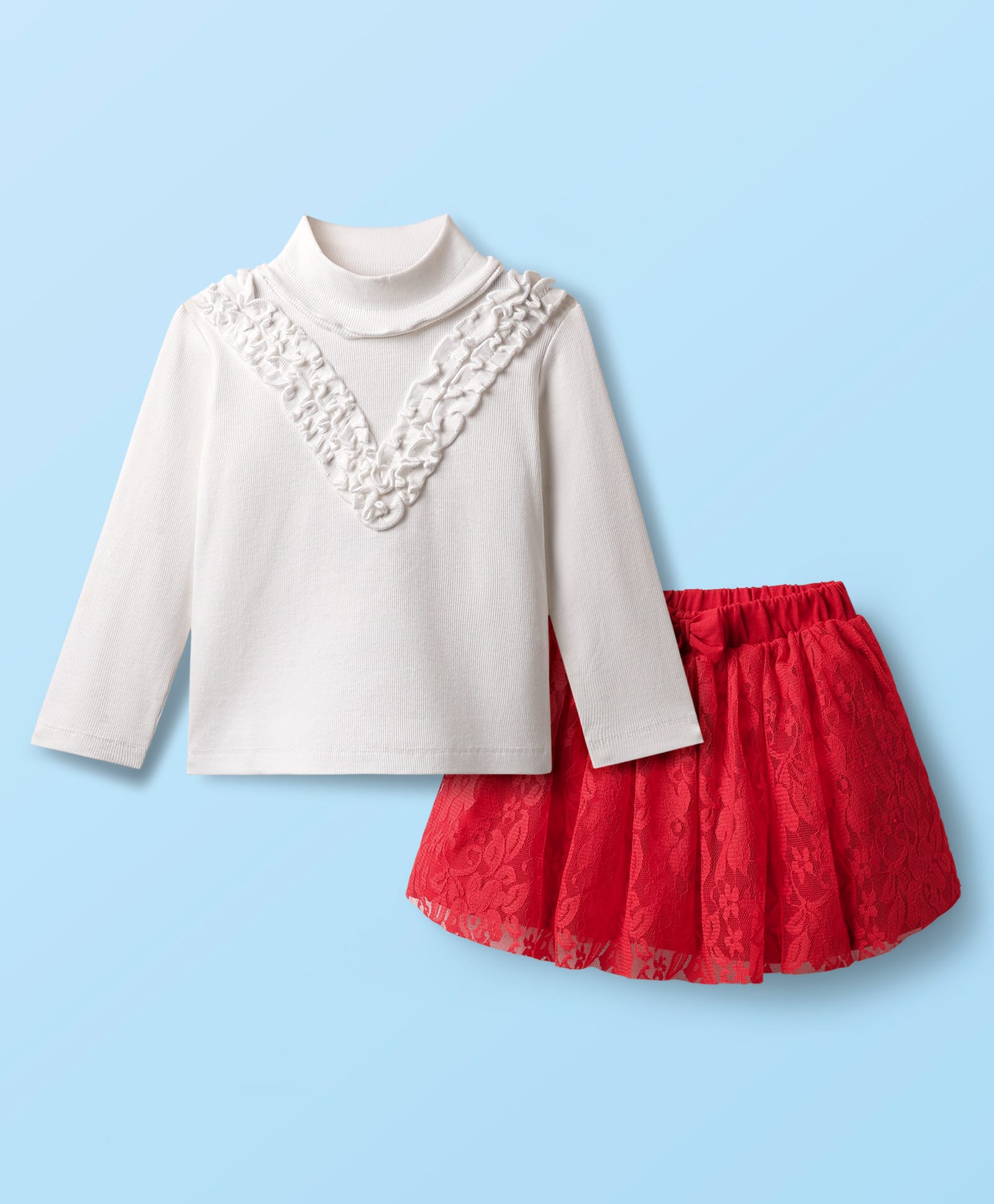 Babyhug 100% Cotton Knit Full Sleeves Top & Skirt Solid Colour - White & Red-image-18