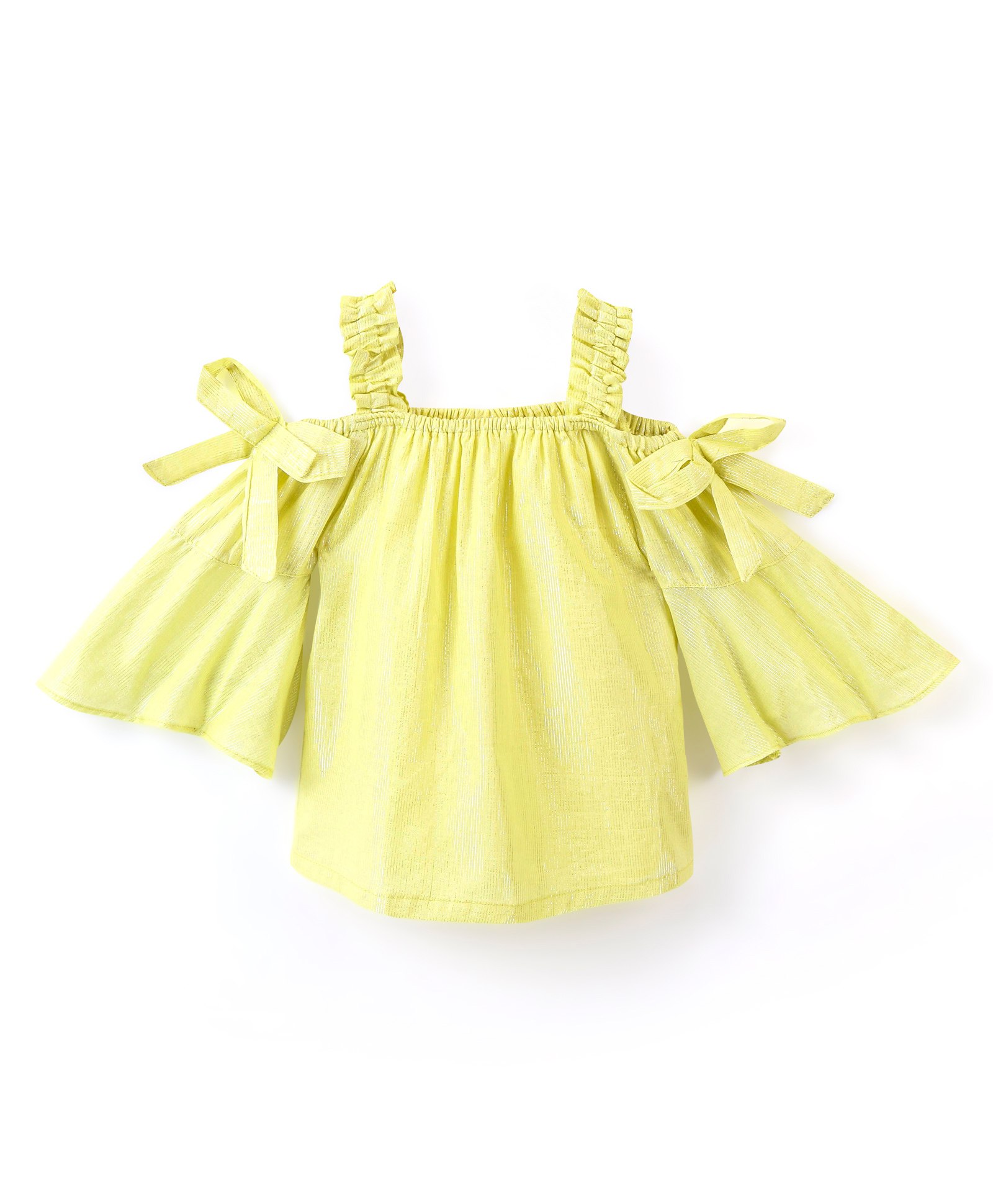 Babyhug Cotton Lurex Woven Off Shoulder Bell Sleeves Top with Knot Detailing - Lime Green-image-14