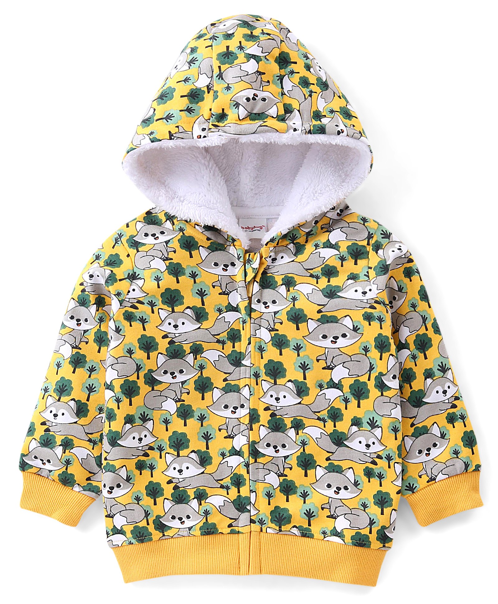 Babyhug Cotton Knit Full Sleeves Raccoon Printed Hooded Sweat Jacket with Zipper - Yellow-picture-27