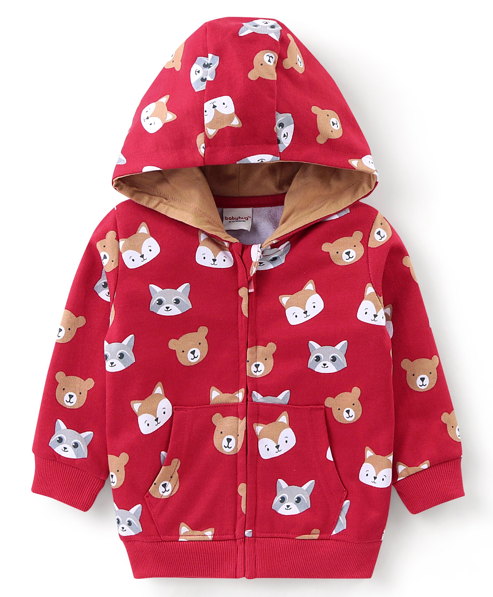 Babyhug Cotton Knit Full Sleeves Sweatjacket With Zipper & Hood Animals Print - Red-image-49