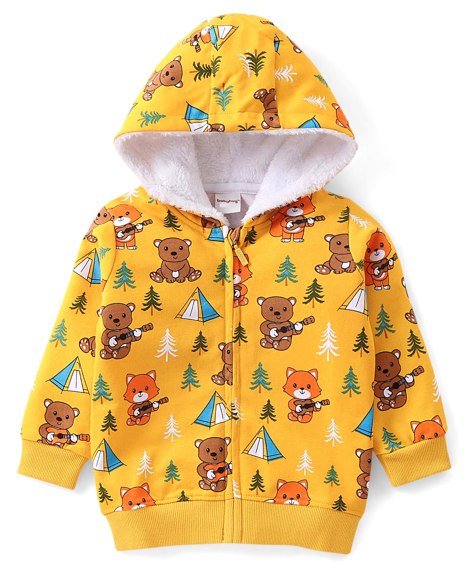 Babyhug Cotton Knit Full Sleeves Sweatjacket With Hood & Teddy Print - Yellow-image-43