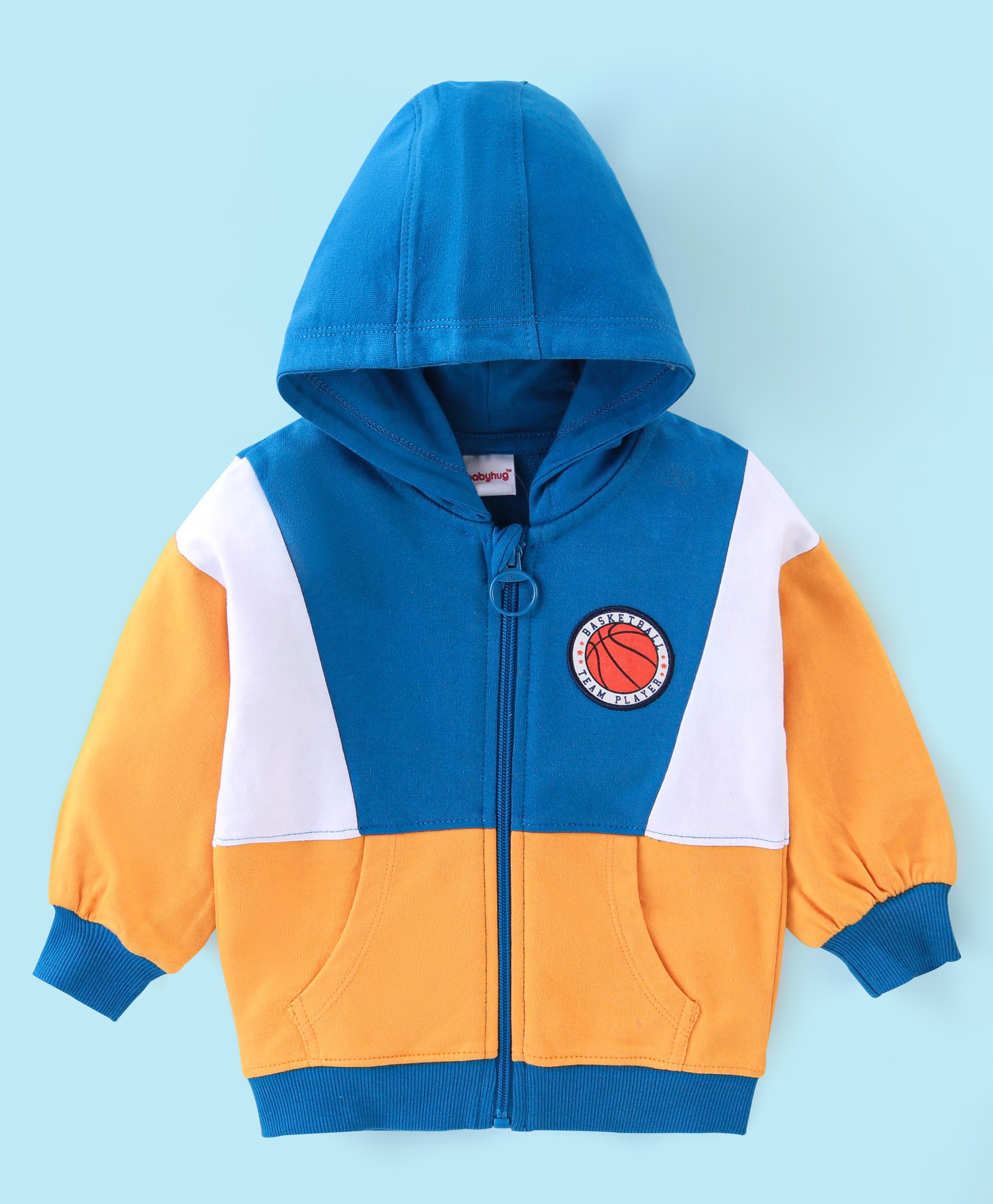 Babyhug Cotton Knit Full Sleeves Cut & Sew Sweatjacket with Zipper & Hood Detailing Basketball Badge - Blue & Yellow-image-41